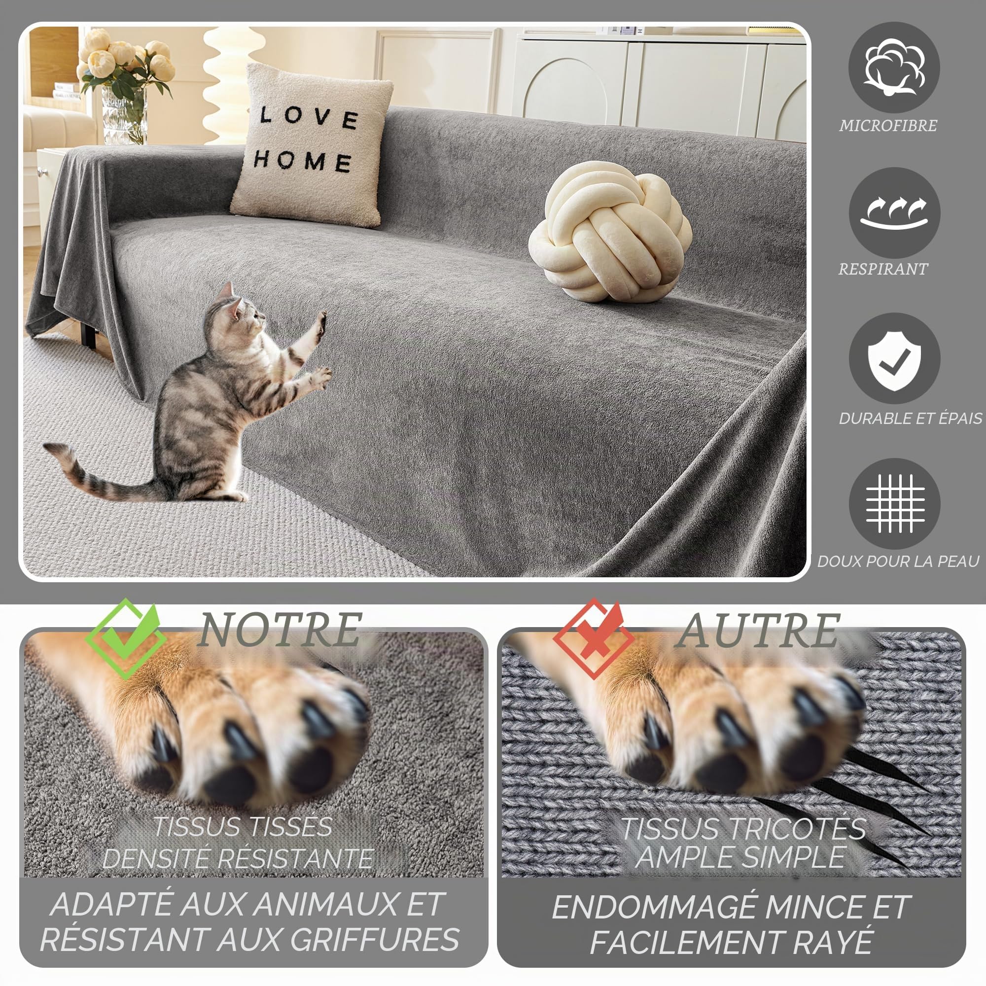 MYSKY HOME Housse de canapé 180 x 300 cm, lavable, antidérapante, anti-rayures, gris