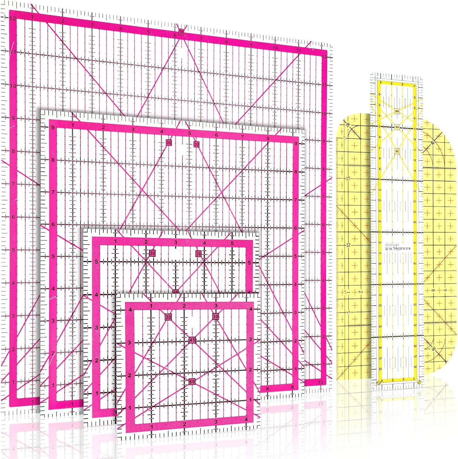 6 Piece Quilting Ruler Square Acrylic Quilting Ruler Fabric Cutting Ruler Clear Mark Acrylic Ruler and Ironing Ruler, 4.5 x 4.5 Inch, 6 x 6 Inch, 9.5 x 9.5 Inch, 12.5 x 12.5 Inch (Rose Red)