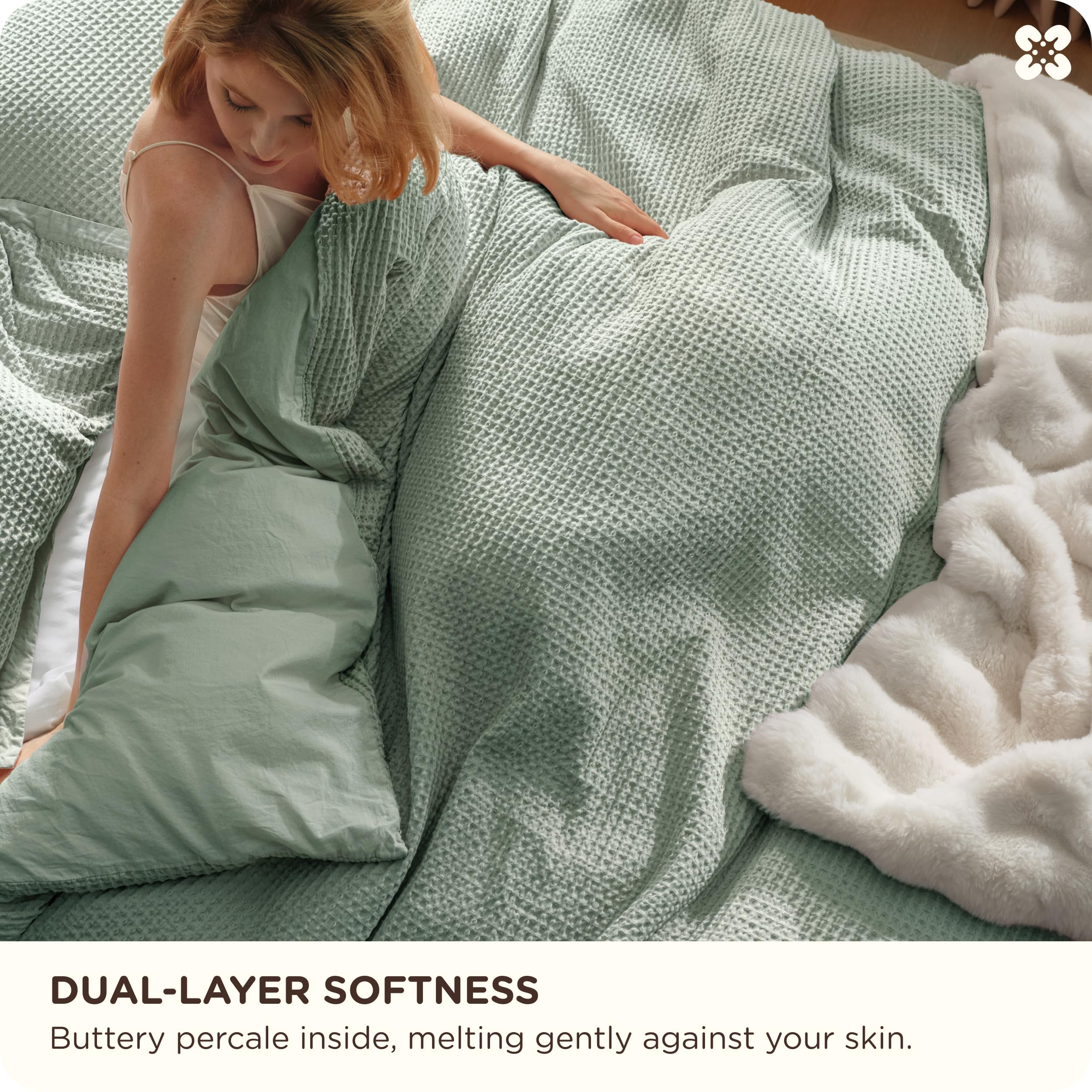 Bedsure Bawełniana poszewka na kołdrę w rozmiarze queen – 100% bawełna o splocie waflowym szałwiowa zielona poszewka na kołdrę rozmiar queen size, PureWoven oddychający zestaw pościeli na każdą porę