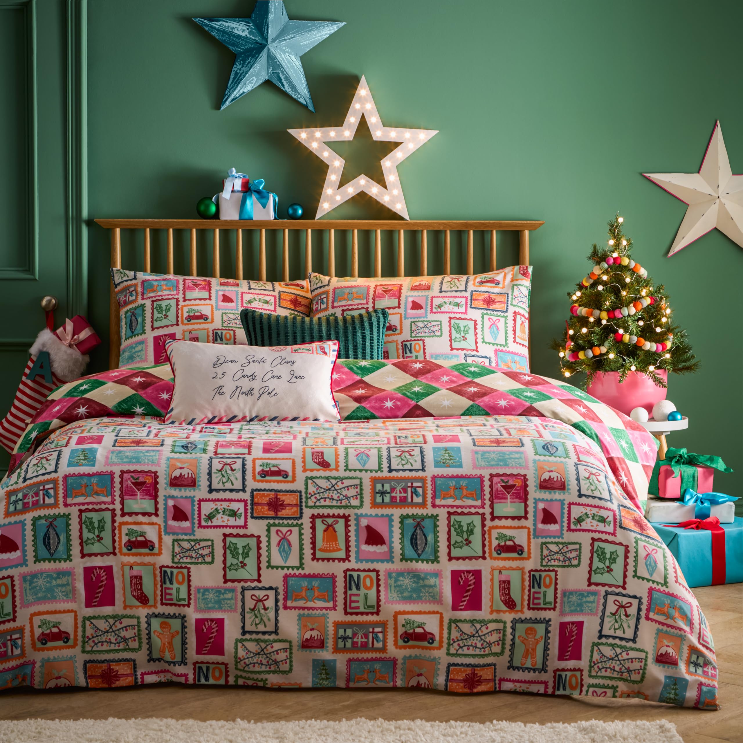 Furn Unisex Multicolor Dear Santa Printed Duvet Cover Set | Size: Double