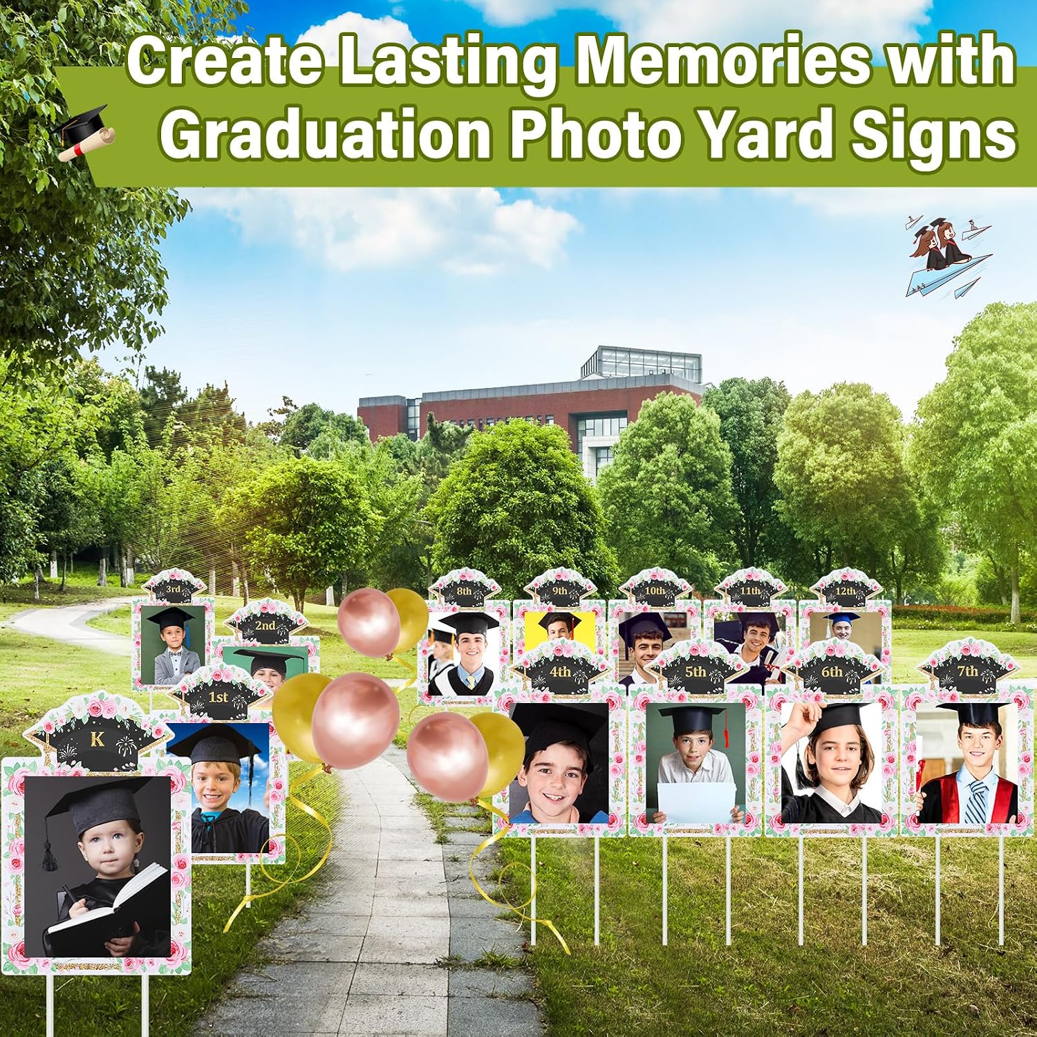 13 Pcs 16 x 11 Inches K-12 Graduation Photo Yard Signs with Stakes, Class of 2026 Graduation Decorations Party Supplies for Preschool Kindergarten Elementary High School Grade Outdoor Yard(Pink)