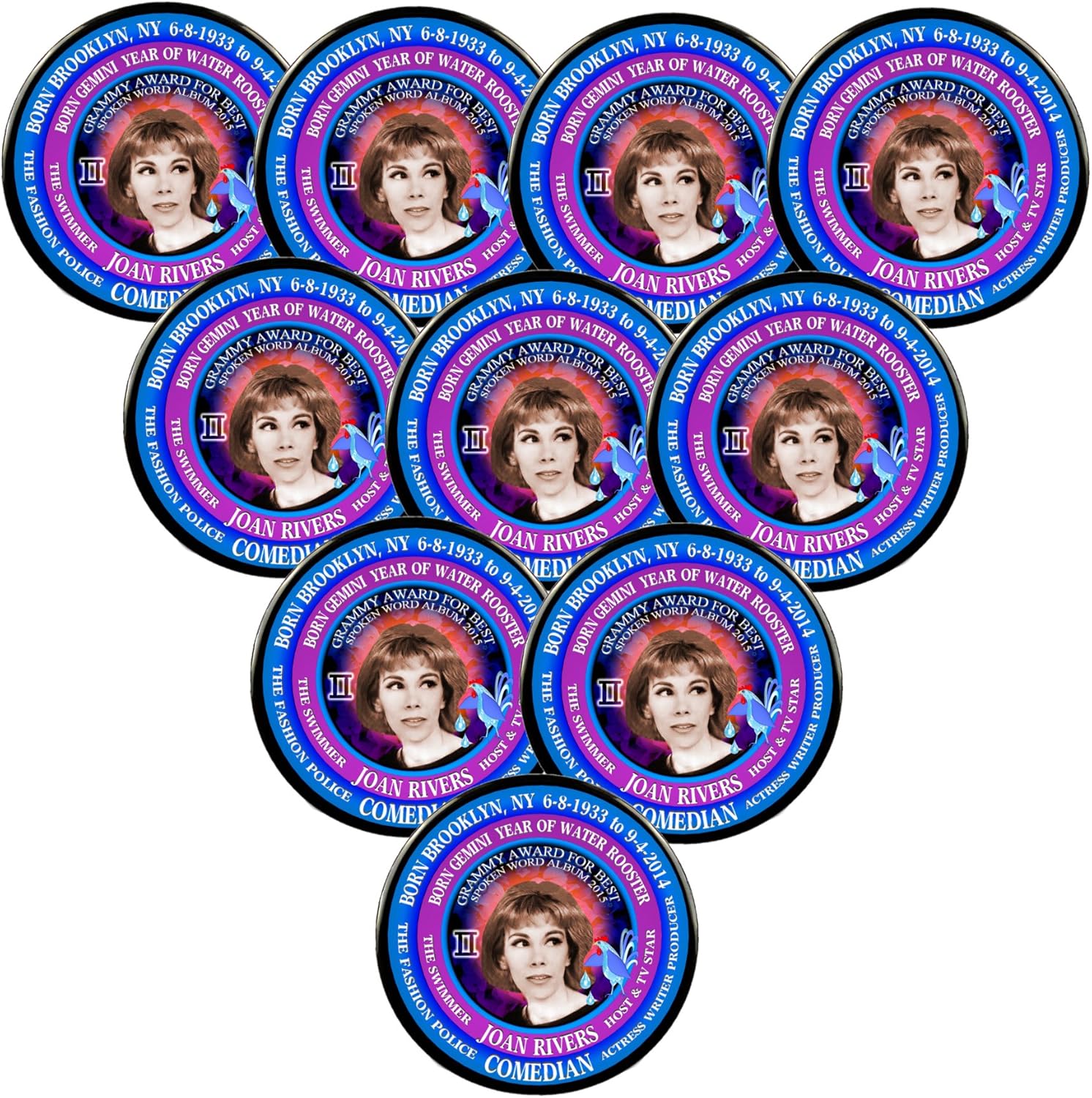 Pack10 Joan Rivers Comedian 3" Pin, Astrology Gemini