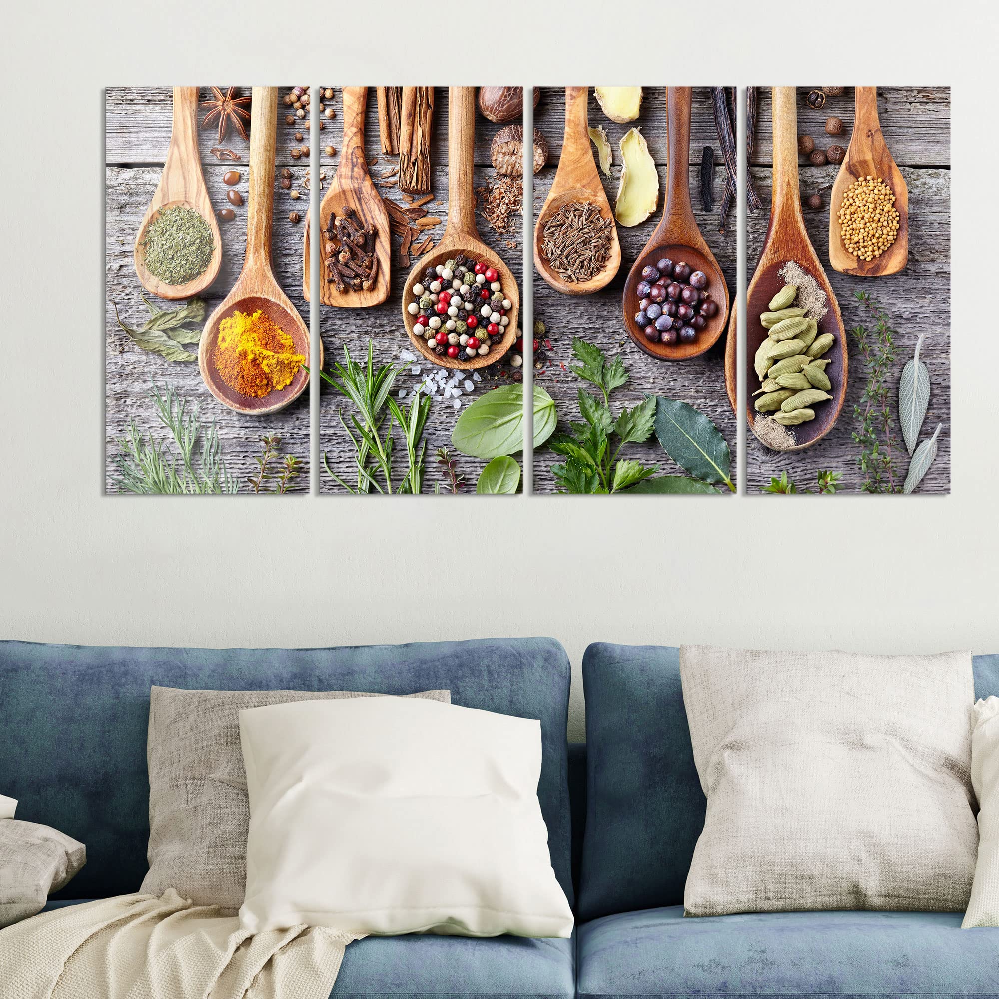 DEQORI Obrazy na szkle z prawdziwego szkła, motyw: dekoracyjne łyżki kuchenne, poziome, 4-częściowe, 120 x 60 cm, duża dekoracja XXL, obrazy ścienne do salonu, sypialni, korytarza i kuchni, nowoczesna dekoracja ścienna