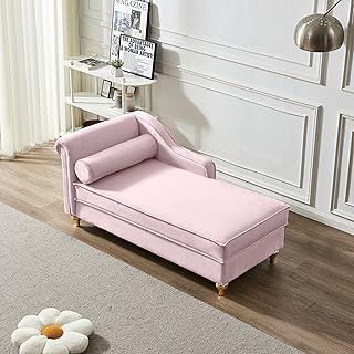 Pink Velvet Chaise Lounge with Storage - Modern Fainting Couch for Bedroom & Living Room, Gold Metal Legs, Soft Upholstered Divan Sofa