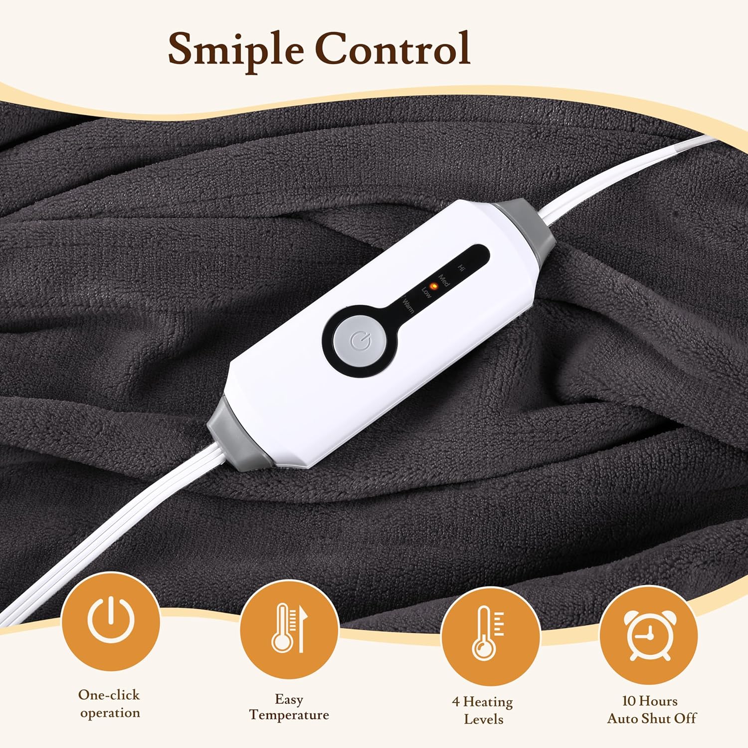 Electric Heated Blanket 62"x84" Twin Size Flannel Fleece - 4 Heat Settings & 10H Auto Shut Off for Safe Overnight Use, Fast Heating, Machine Washable for Bed, Couch, Office - Dark Grey