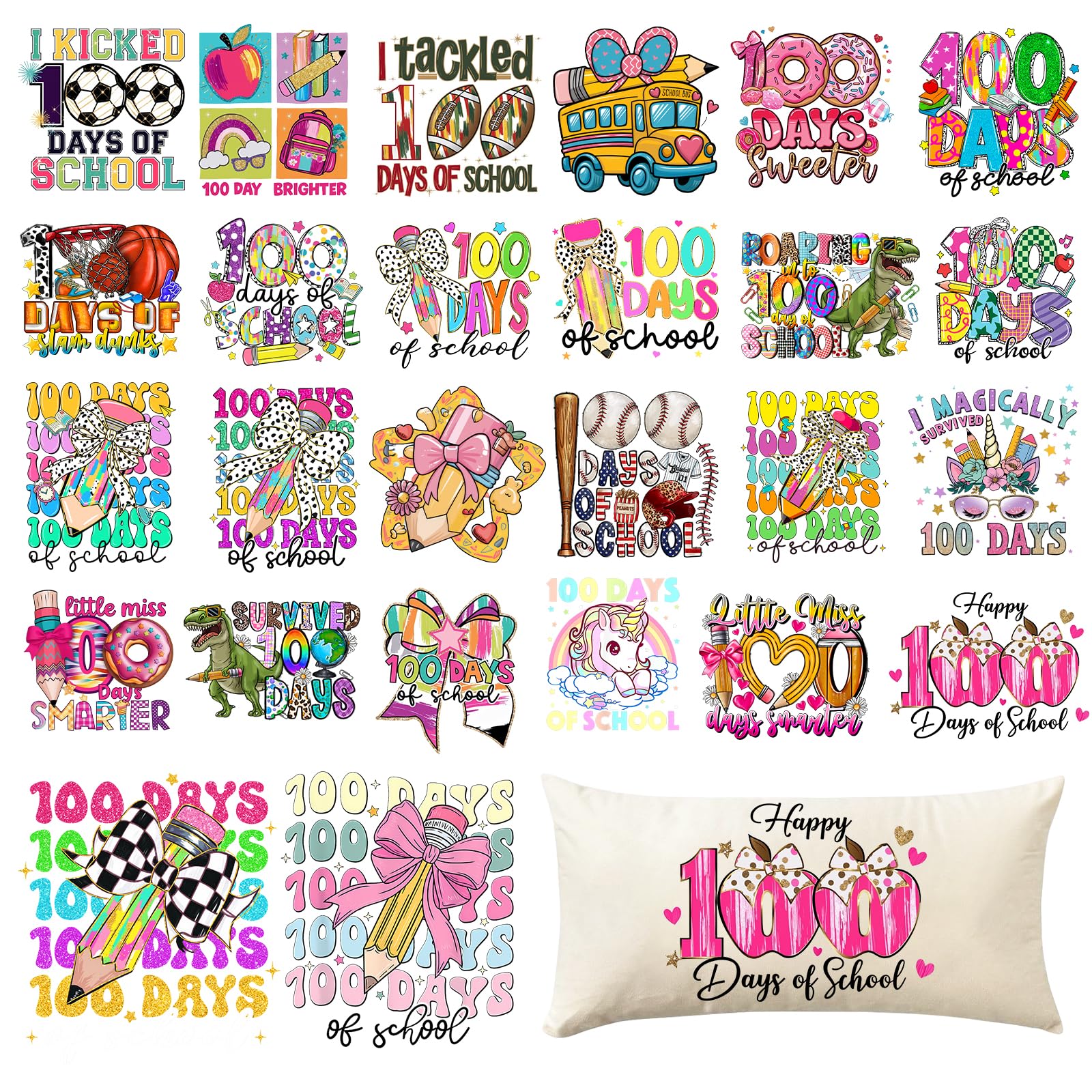 Tintnut First 100 Days of School Iron on Transfers for T-Shirts 26pcs DTF