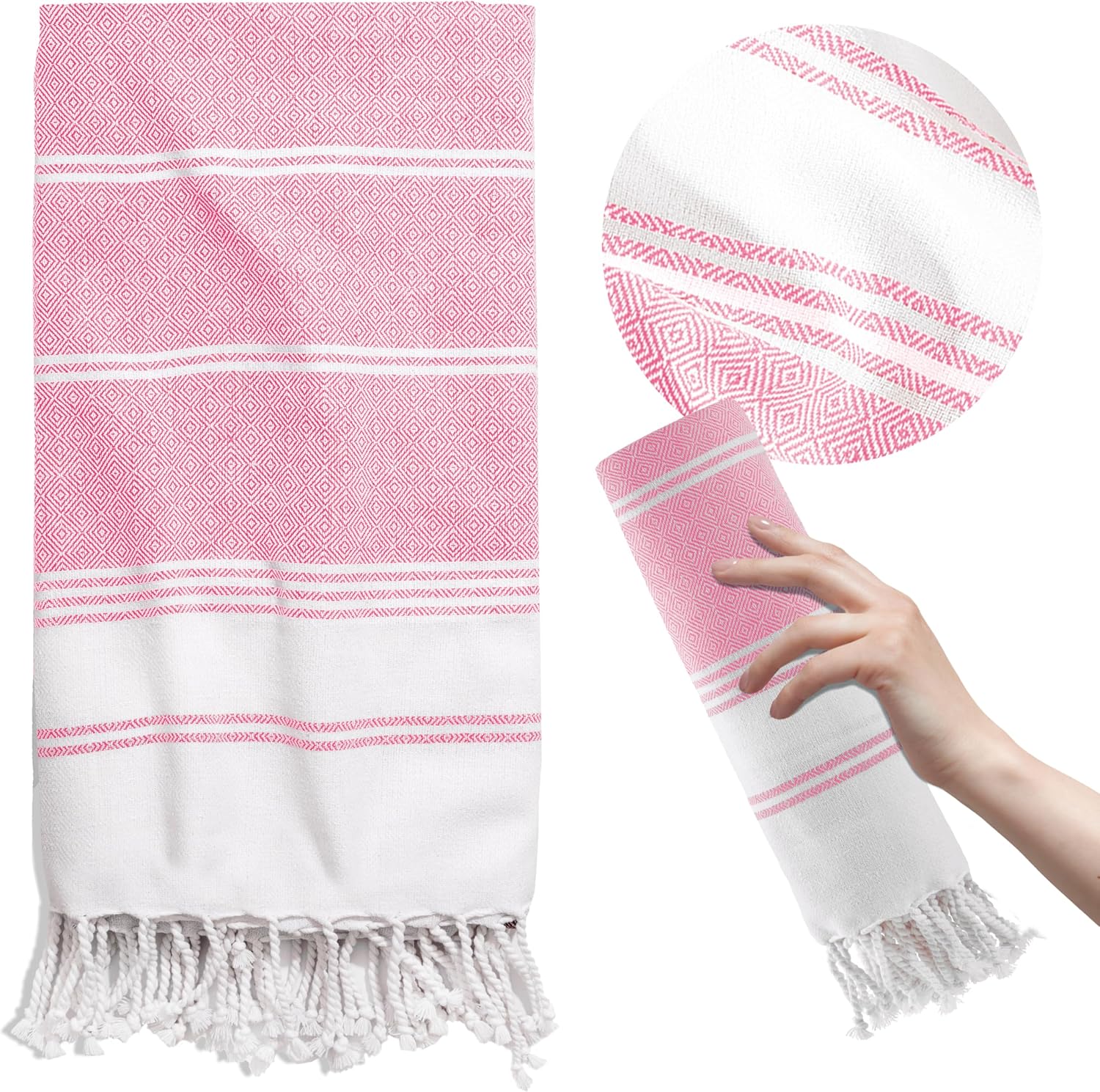 THREAD SPREAD Diamond Turkish Beach Towels 2 Pack - 100% Cotton Quick Dry Lightweight & Absorbent, Large Turkish Bath Towels for Travel, Sand Free Oversized Pool Beach Towel (Candy Pink, 39" x 71") 39" X 71" Diamond Candy Pink image 2 of 8 B0CGZNZ6P5