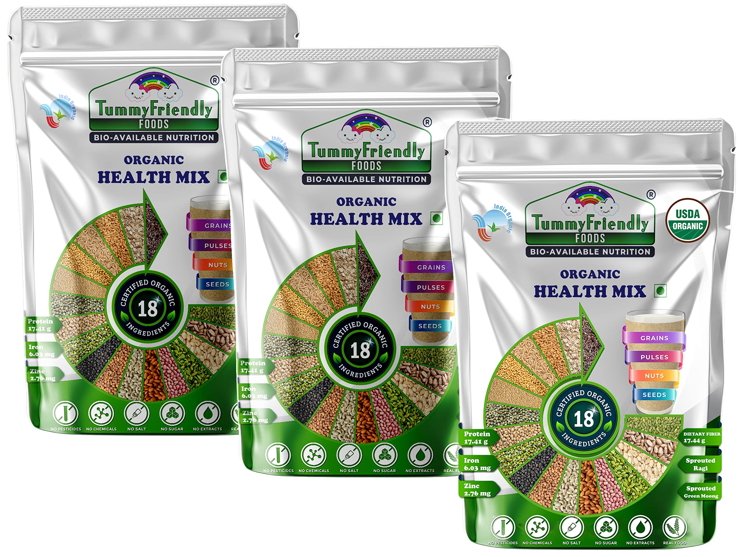 TummyFriendly Foods Certified Organic Health Mix Powder For Adults Organic | Health Mix Powder For Women babies Kids with Sprouted Ragi Powder, Green Moong | Millet Health Mix, Sattu Powder | 100g - 3 Packs (B09Y2HJ6X9) Amazon Price History, Amazon Price Tracker