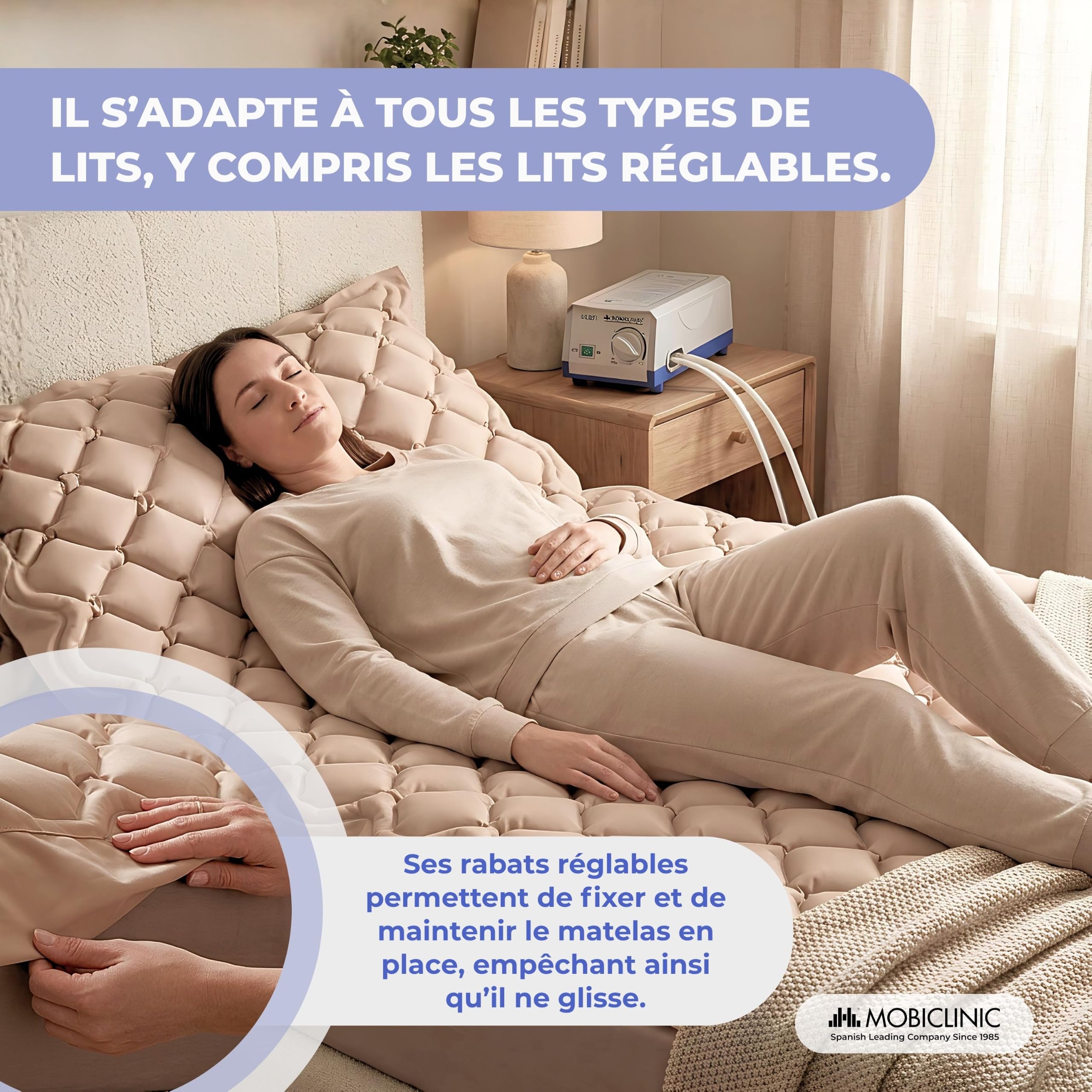 Mobiclinic® Matelas Anti-escarres à air alterné, Moteur Silencieux, Mobi 1, Télécommande, 200 x 90 x 7 cm, Kit de réparation, Convient aux Lits articulés, 130 cellules, Beige