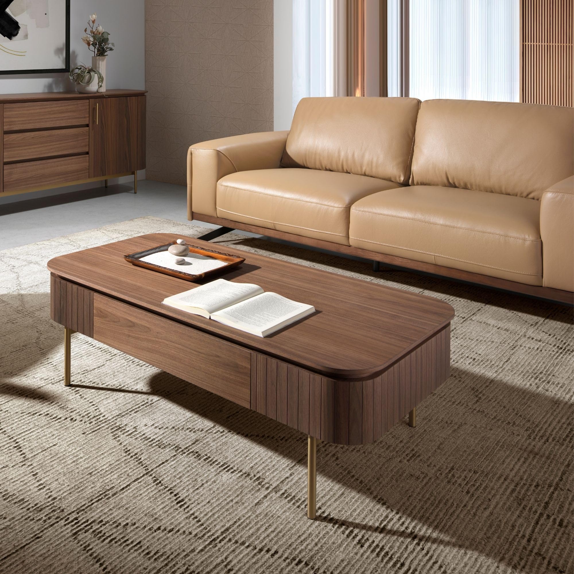 Ángel Cerdá - Tavolino Rettangolare in Noce e Acciaio Dorato con Cassetto Centrale - Tavolino Moderno ed Elegante - Originale e Versatile - Materiali Resistenti - 120 x 60 x 37 cm