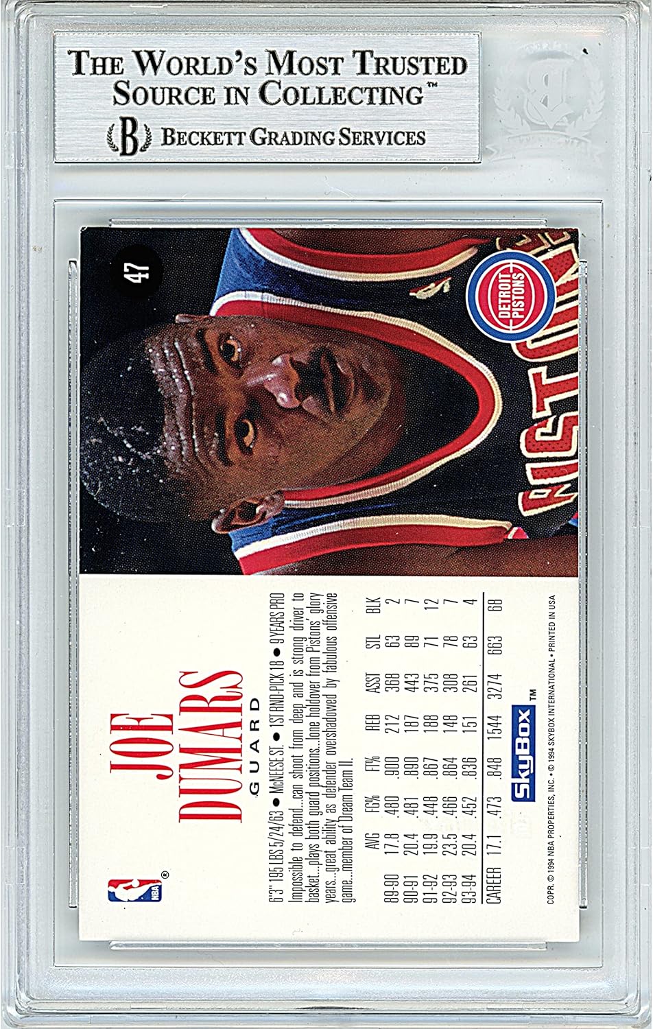 Joe Dumars Autographed 1994 1995 Skybox Premium #47 Basketball Trading Card Slab Beckett BAS Authentic Slabbed COA Played For Detroit Pistons NBA