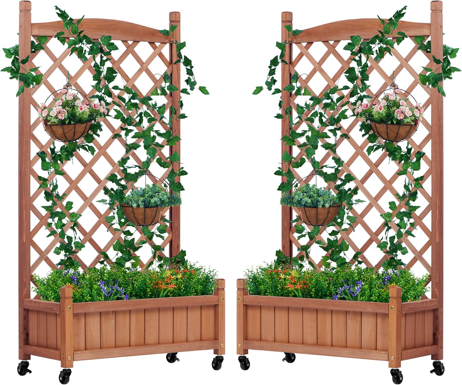 Raised Garden Bed with Trellis Set of 2, Outdoor Wood Planter Box & Plant Stand with Climbing Racks
