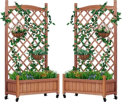 Raised Garden Bed with Trellis Set of 2, Outdoor Wood Planter Box & Plant Stand with Climbing Racks