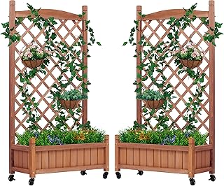 Raised Garden Bed with Trellis Set of 2, Outdoor Wood Planter Box & Plan...