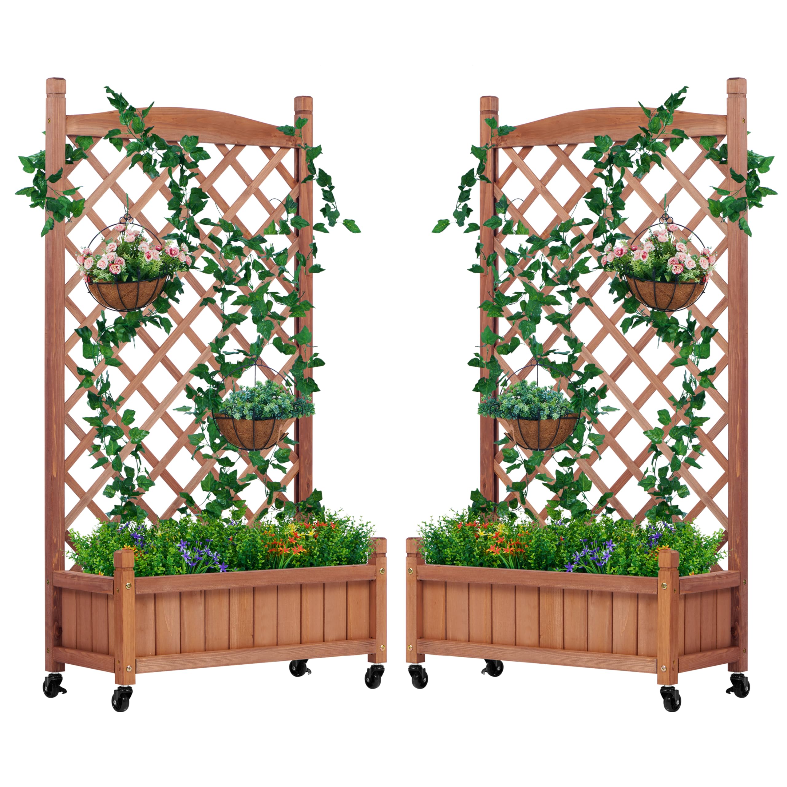 Raised Garden Bed with Trellis Set of 2, Outdoor Wood Planter Box & Plant Stand with Climbing Racks