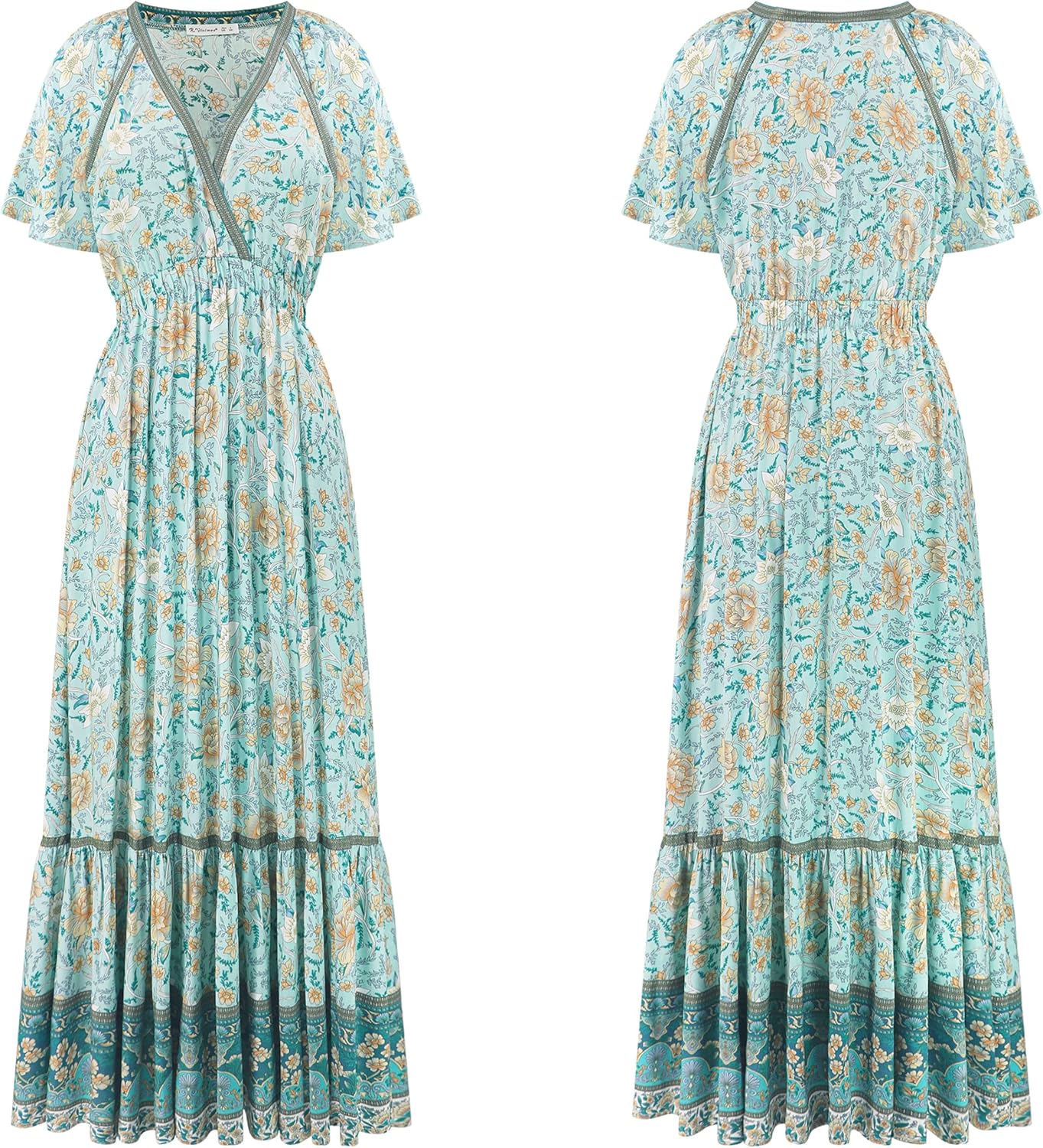 R.Vivimos Women's Summer V Neck Maxi Dress Boho Floral Print Short Sleeve Elastic Waist Ruffle Patchwork A-Line Beach Dress - Image 6