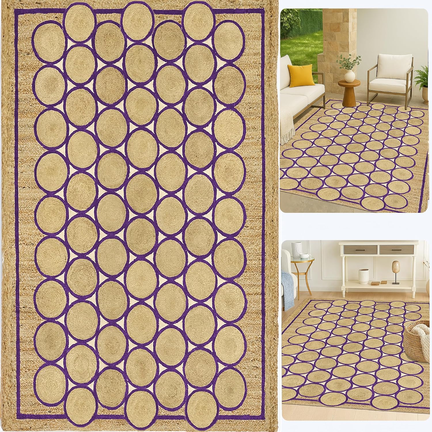 Premium Quality Jute Rug 12x15 Feet Area Rug Natural Fiber Jute Rugs Thick 0.27" Geometric Purple Circle & Border Rugs for Farmhouse Indoor Outdoor Decorative Floor Carpet