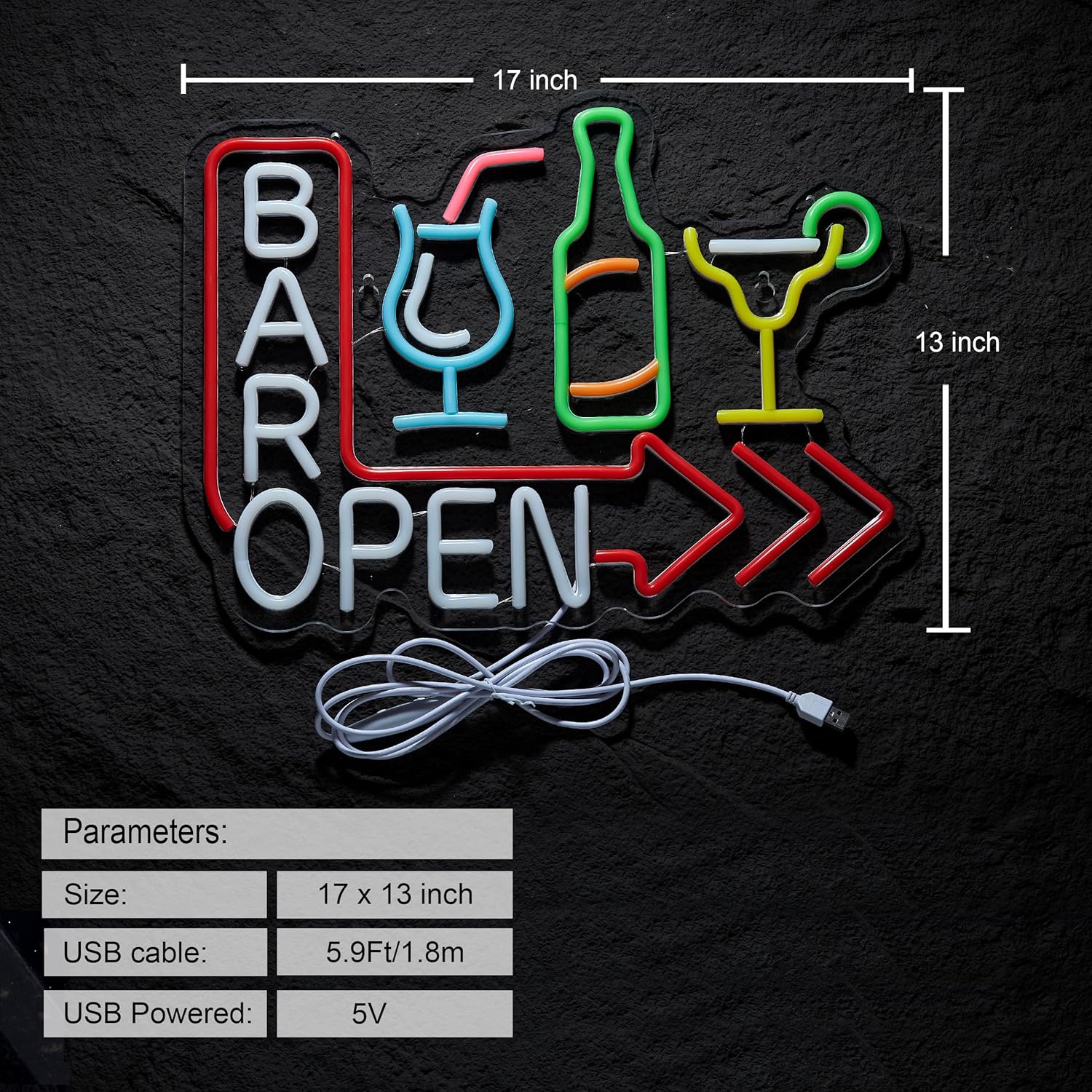 Bar Open Neon Sign for Wall Décor Dimmable USB Open Beer Bar LED Light for Pub Business Decor