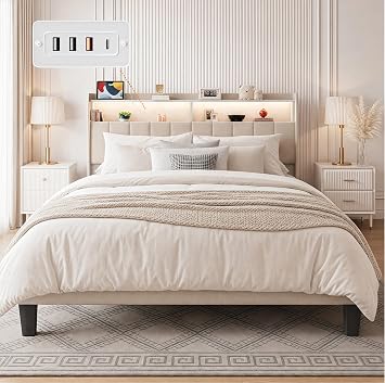 Gizoon Queen Size Bed Frame with Headboard & Charging Station, Upholstered Platform Bed with LED Lights, Storage Shelves, Noise Free Wooden Slats, No Box Spring Needed, Beige