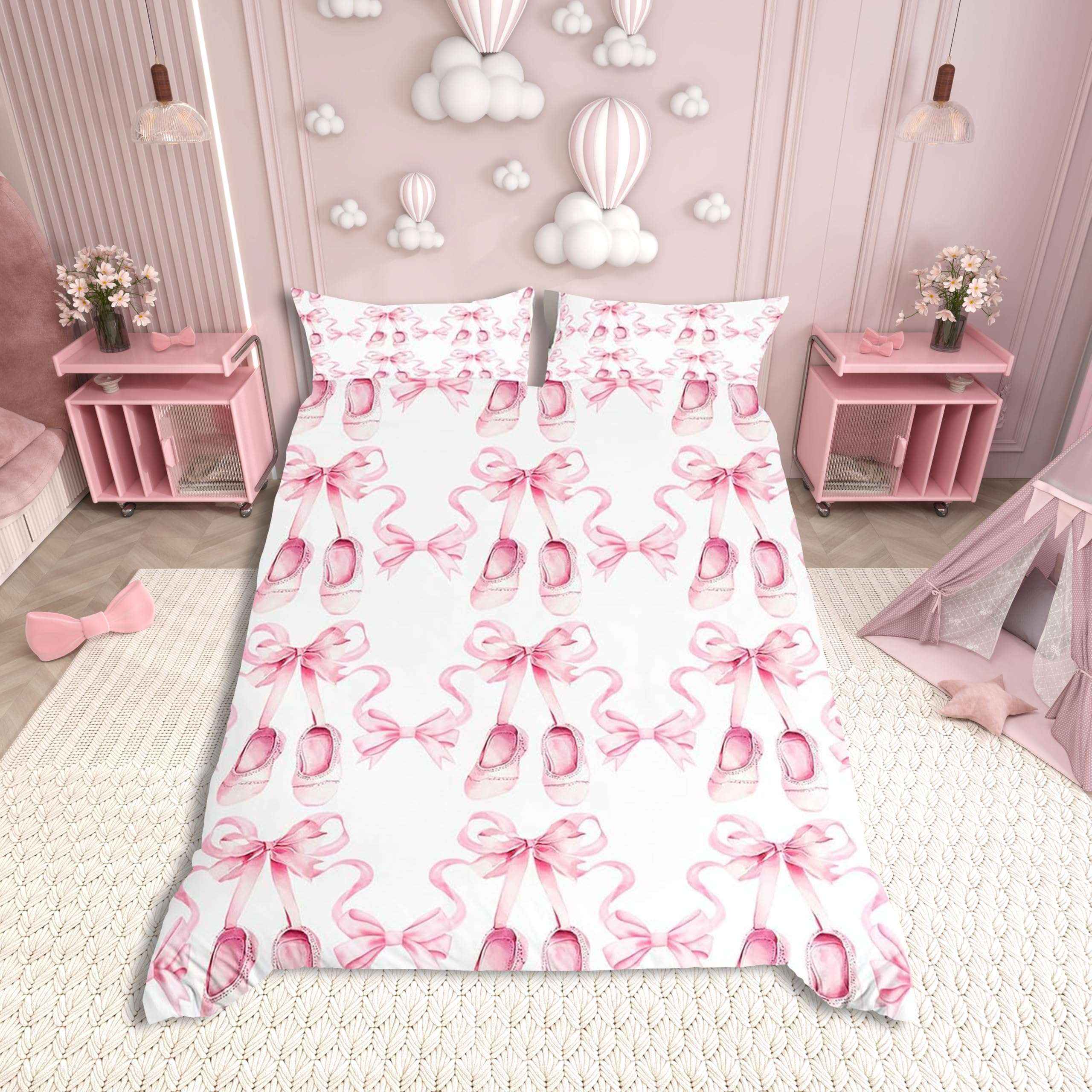 feelingyou Ballet Shoes single Size Duvet Cover,Princess Bowknot Ballet Dance Theme Duvet Cover for Kids Teens All Season,Watercolor Pink Ribbon Bow-tie Stripes Bedding Set,Pink White,No Comforter