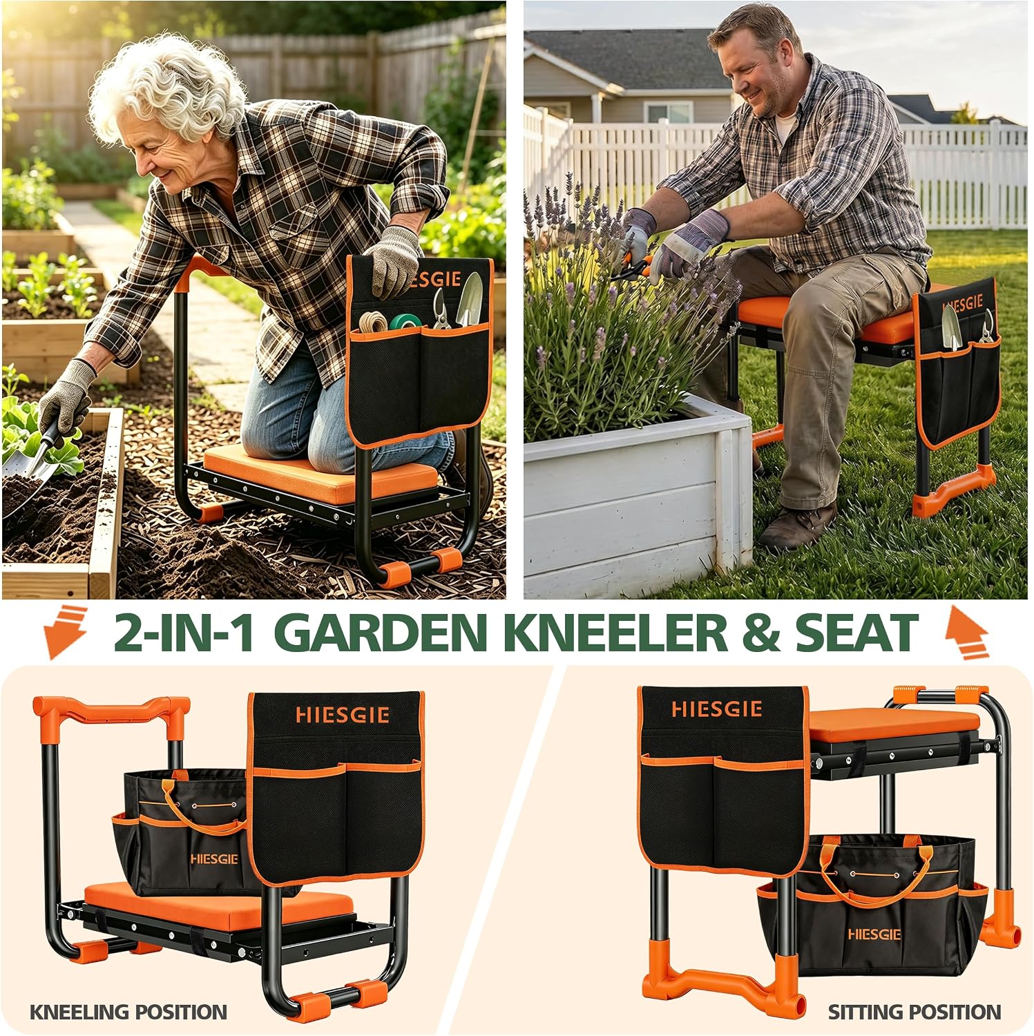 Garden Kneeler and Seat, Foldable Gardening Stool with Tool Pouch and Bag