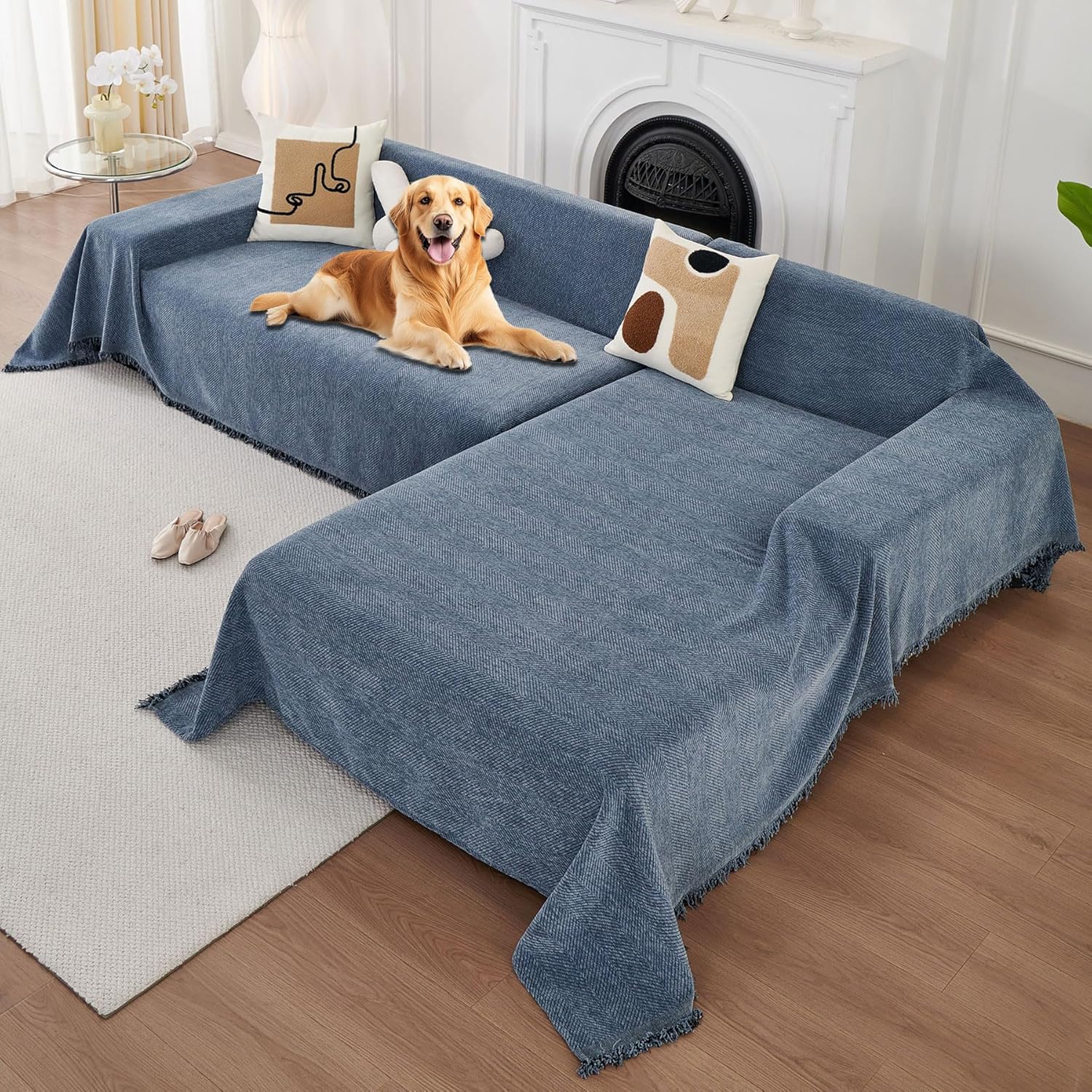 HAOMAIJIA L-Shaped Sectional Couch Covers 2-Piece Non-Slip Washable Pet-Friendly Protector (Blue, 71x118 + 71x118 Inches)