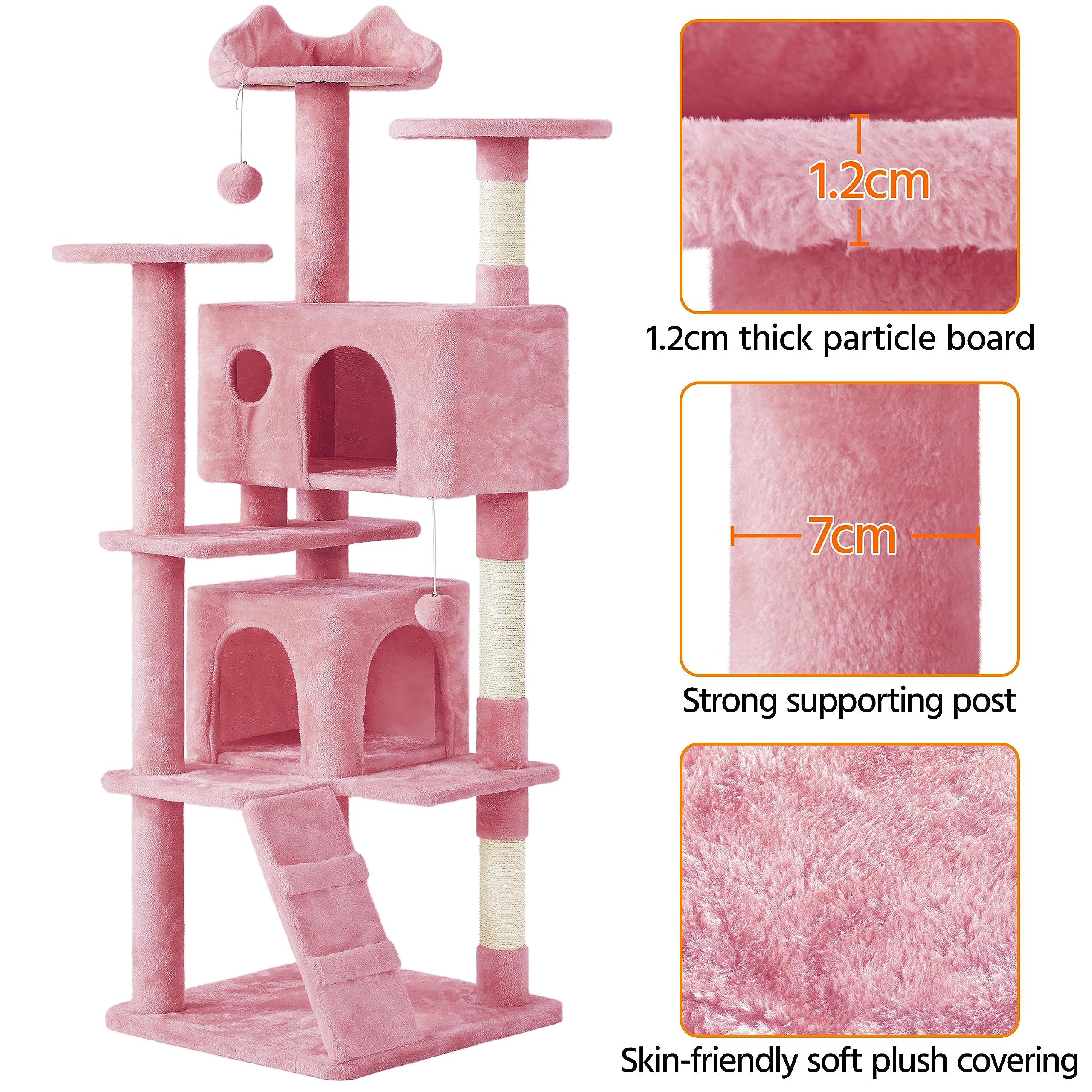 Yaheetech Árbol rascador Grande, 178 cm de Alto, árbol rascador para Gatos, Estable con 3 Plataformas, 3 columnas para rascar, 2 Cuevas, Bolas de Peluche, Muebles para Gatos, Color Rosa