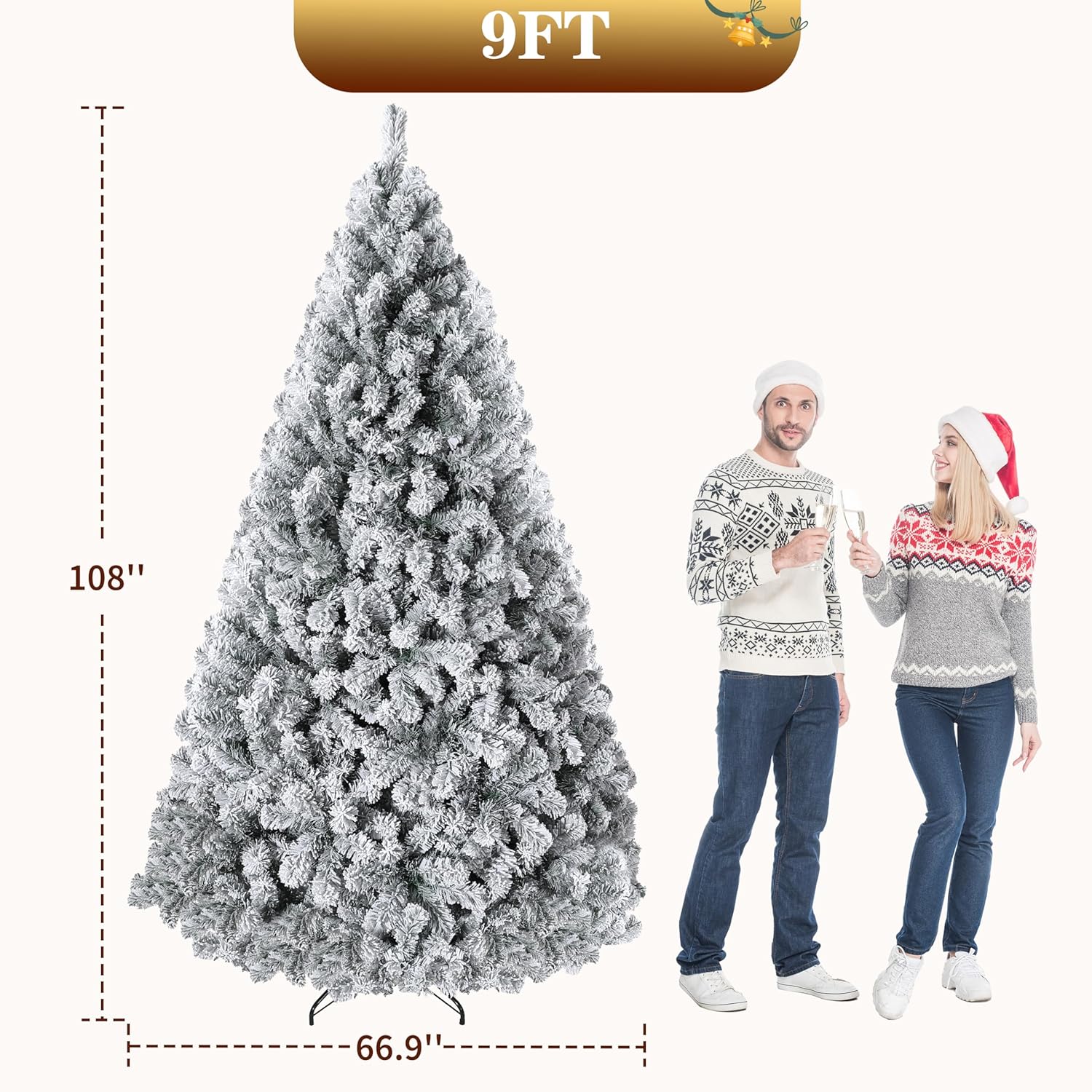 9ft pre-lit snow flocked artificial full christmas tree with warm lights, artificial christmas tree full prelighted xmas tree with 1800 branch tips, 900 warm lights & foldable stand, green white 9ft white