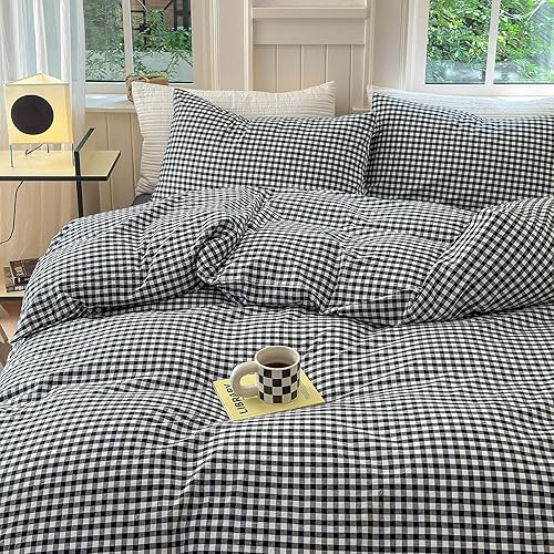 Miniatura 45 de Juego de funda de edredón de algodón a cuadros tamaño matrimonial, juego de ropa de cama a cuadros de estilo moderno de 3 piezas para hombres