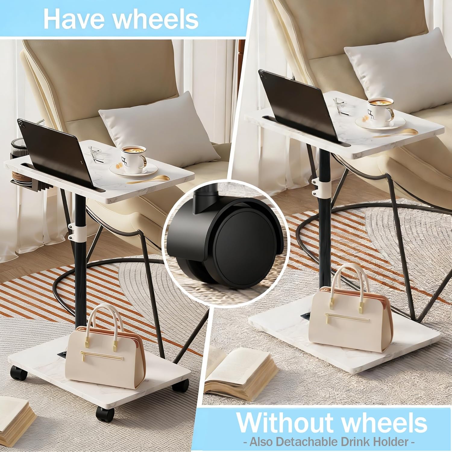 Adjustable TV Tray Table, TV Dinner Table for Eating, C-Shaped TV Trays for Couch, 360°Swivel Side End Table, Slide Under Sofa Snack Table for Bedroom Living Room Small Space (White+Black)