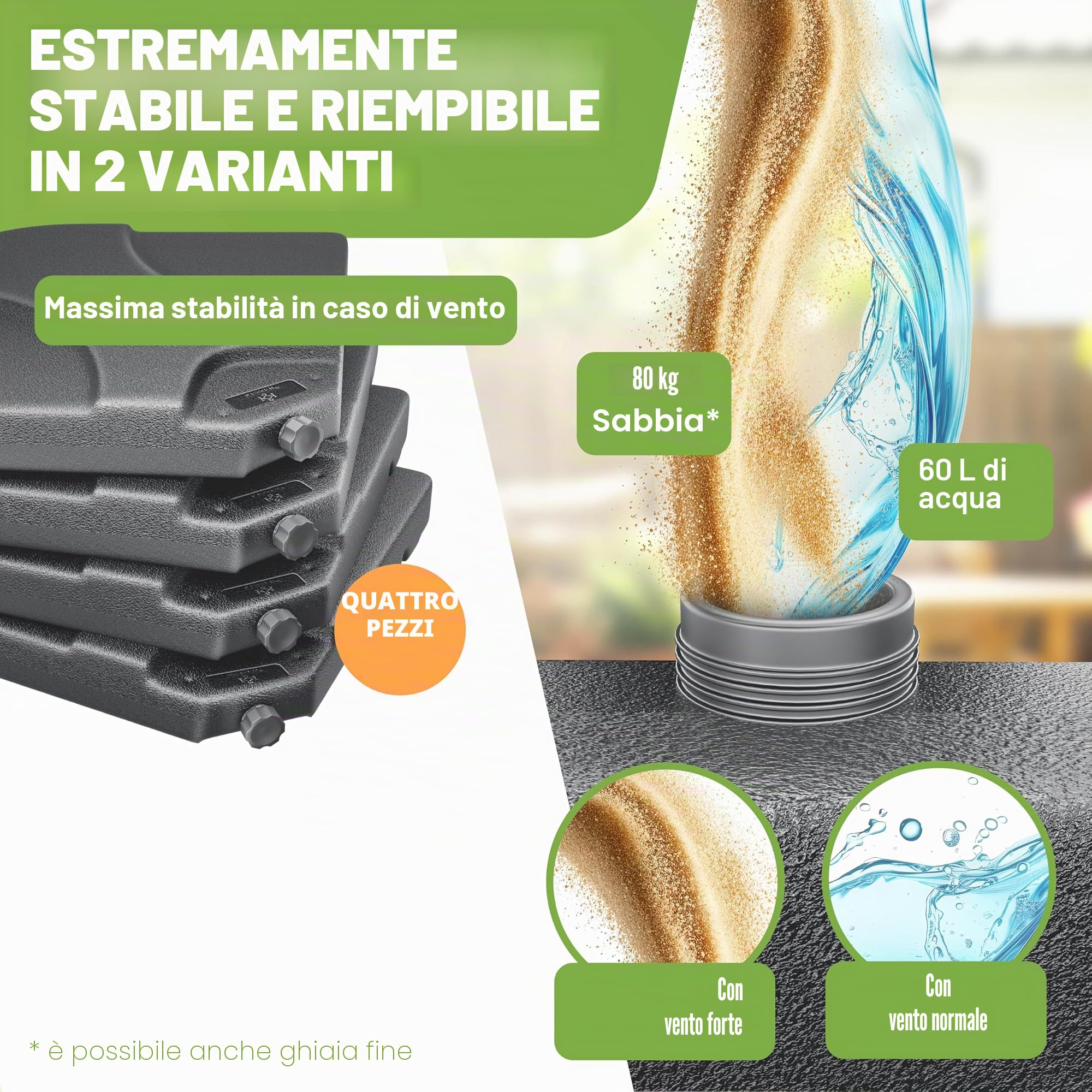 KESSER Supporto per ombrellone, 4 pezzi, peso ombrellone, per ombrellone a croce, 60 litri/80 kg, riempito con acqua o sabbia, con connettore in metallo, supporto per ombrellone in plastica,