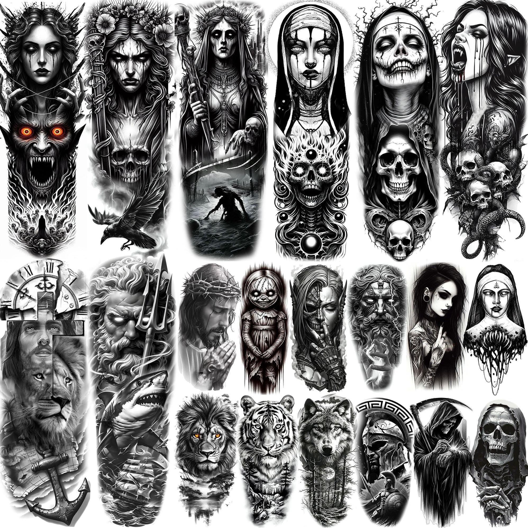 20 Sheets Gothic Full Arm Sleeve Temporary Tattoos for Men Adults Thigh Temp Nun Girl Skull Skeleton Zeus God Jesus Christ Fake Tattoo Sleeve for Women Scary Halloween Tattoo Stickers Demon Vampire