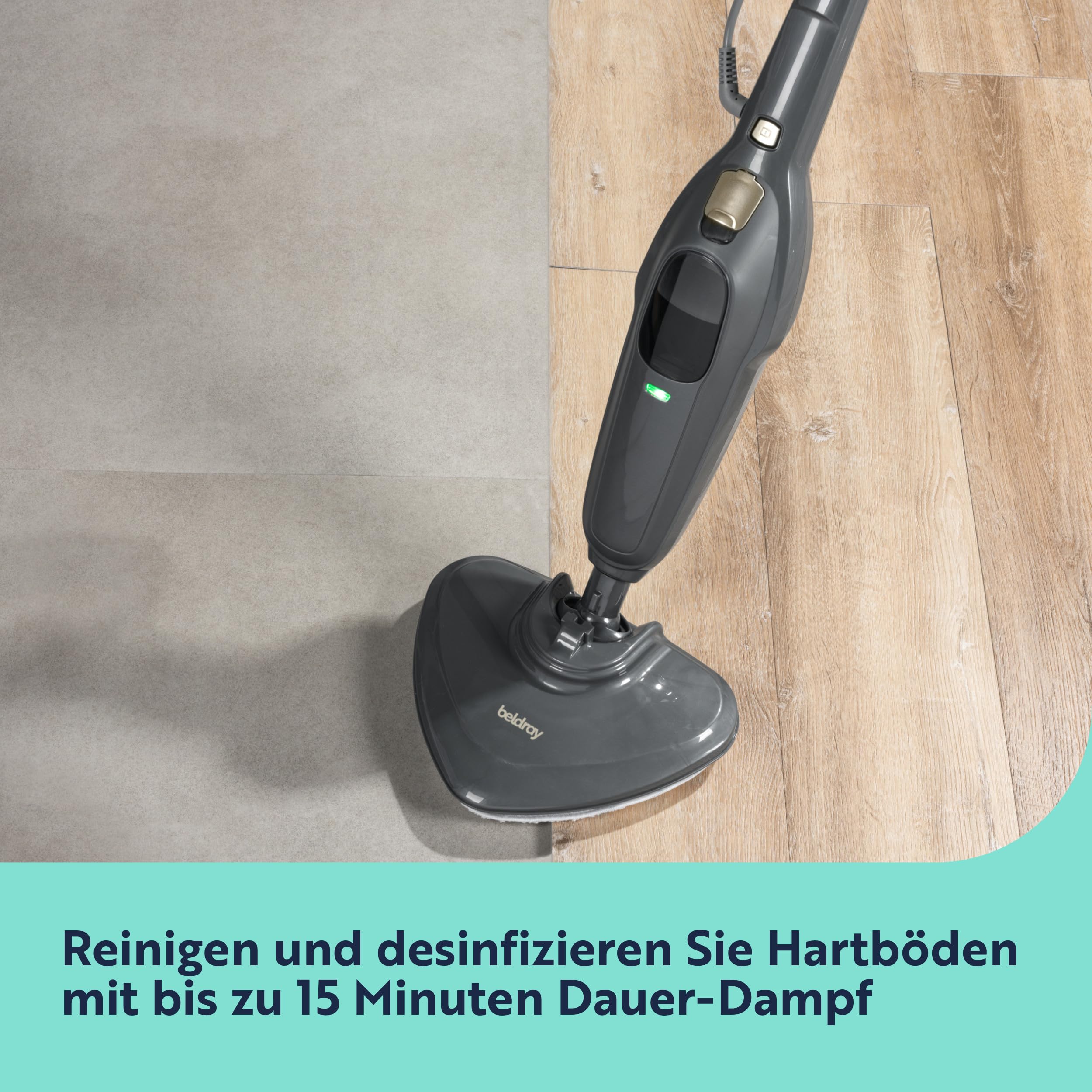 Beldray Clean & Refresh Dampfreiniger – Dampfmopp, Chemikalienfreie Reinigung, Präzisionskopf für Ecken, Schnellaufheizung, 350 ml Wassertank, Teppich, Laminat, Holz, 1300W, BEL01986VDE