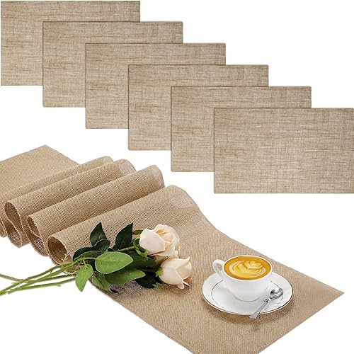 Juego de 7 caminos de mesa de arpillera y manteles individuales 1 camino de mesa y 6 manteles individuales resistentes al calor tapete de mesa