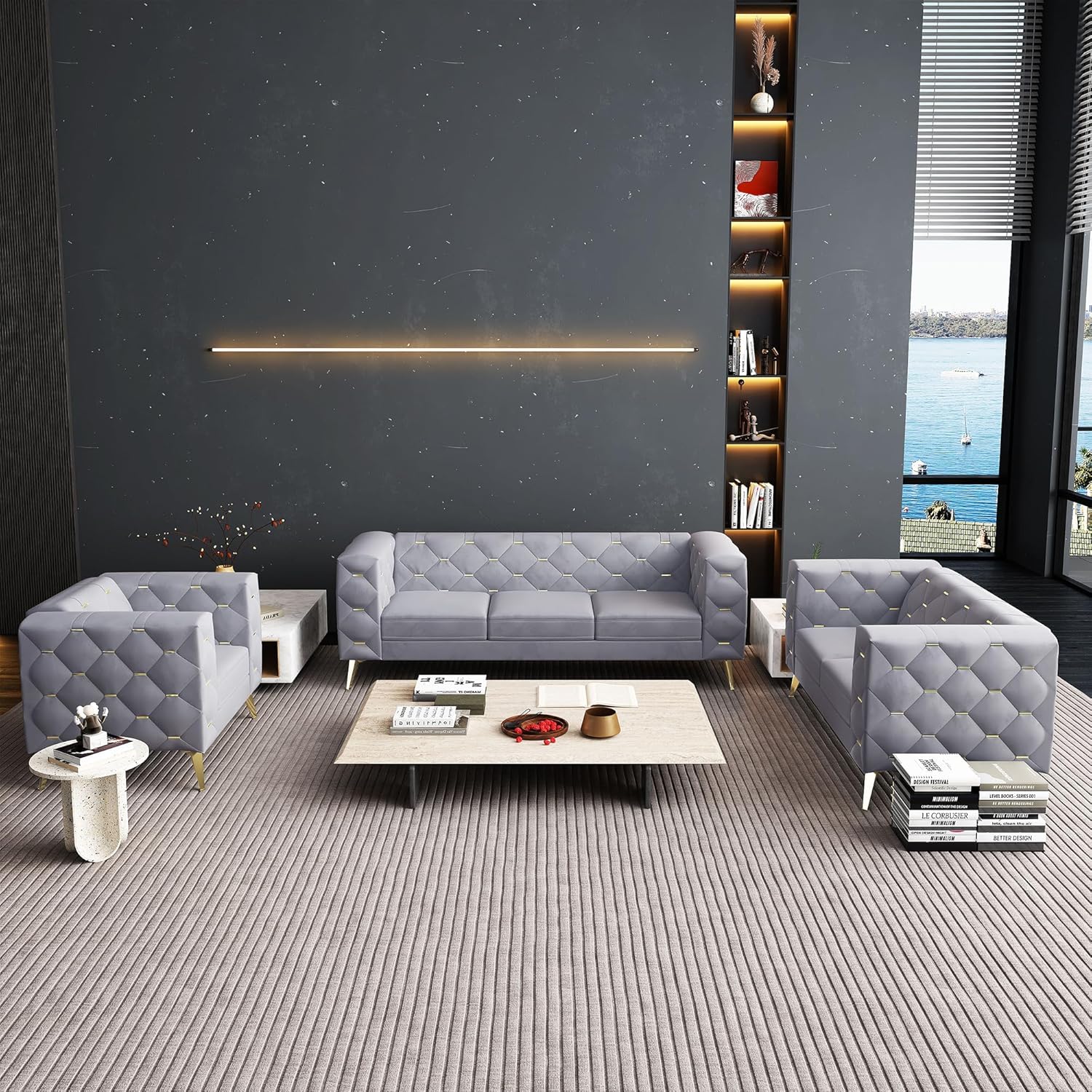 3 Pieces Chesterfield Sofa Set, Upholstered Couch Chai with