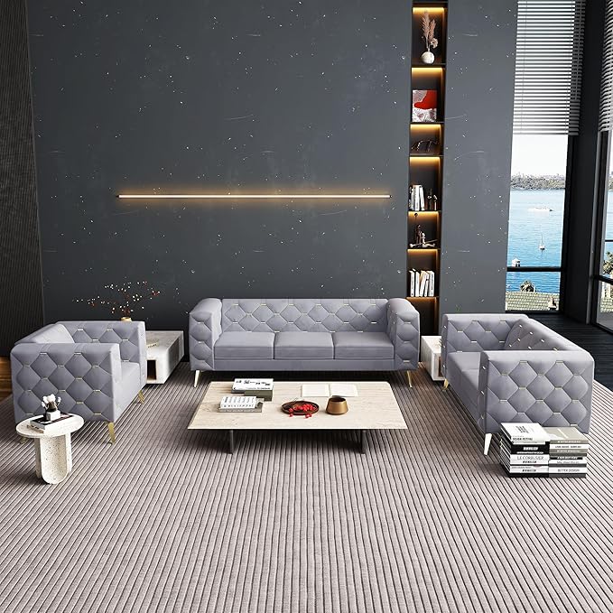 3 Pieces Chesterfield Sofa Set, Upholstered Couch Chai with