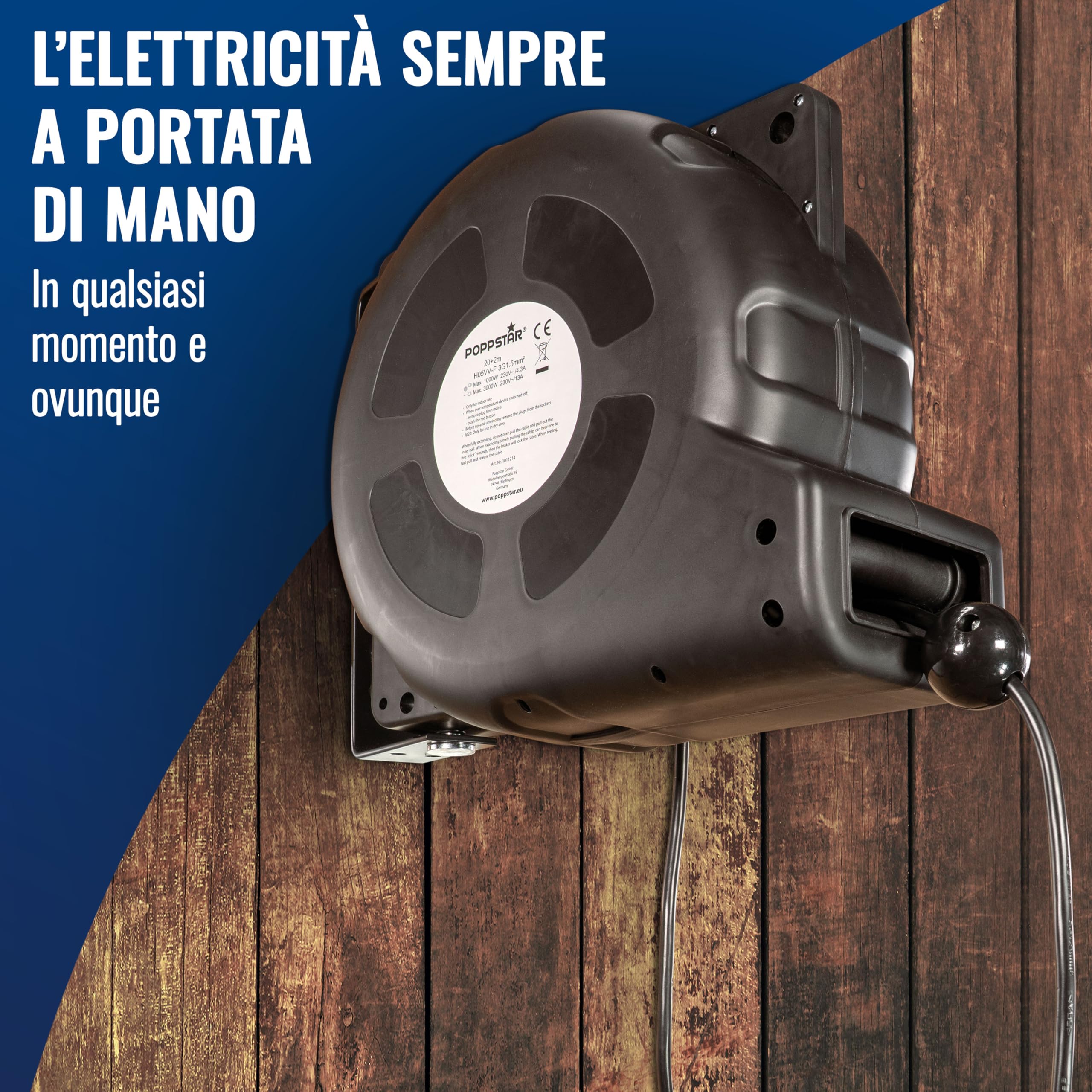 Poppstar Avvolgicavo automatico 20m + 2m (max. 3000W) Avvolgitore di cavi automatico autoavvolgente IP20 con interruttore di protezione termica