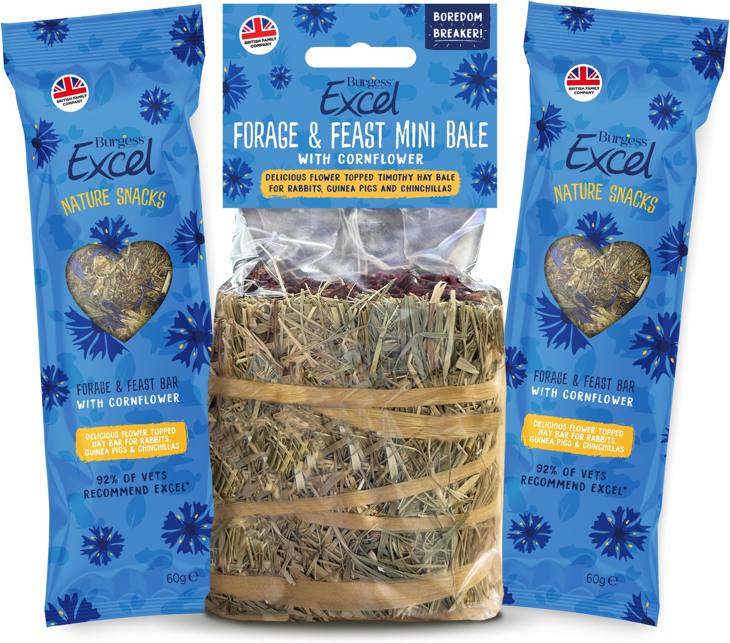 – Burgess Excel Mixed Treat Value Cornflower Bundle, 220g – Mini Bale & Hay Bar Treats for Rabbits, Guinea Pigs & Chinchillas – Small Animal Hay Snack Bundle