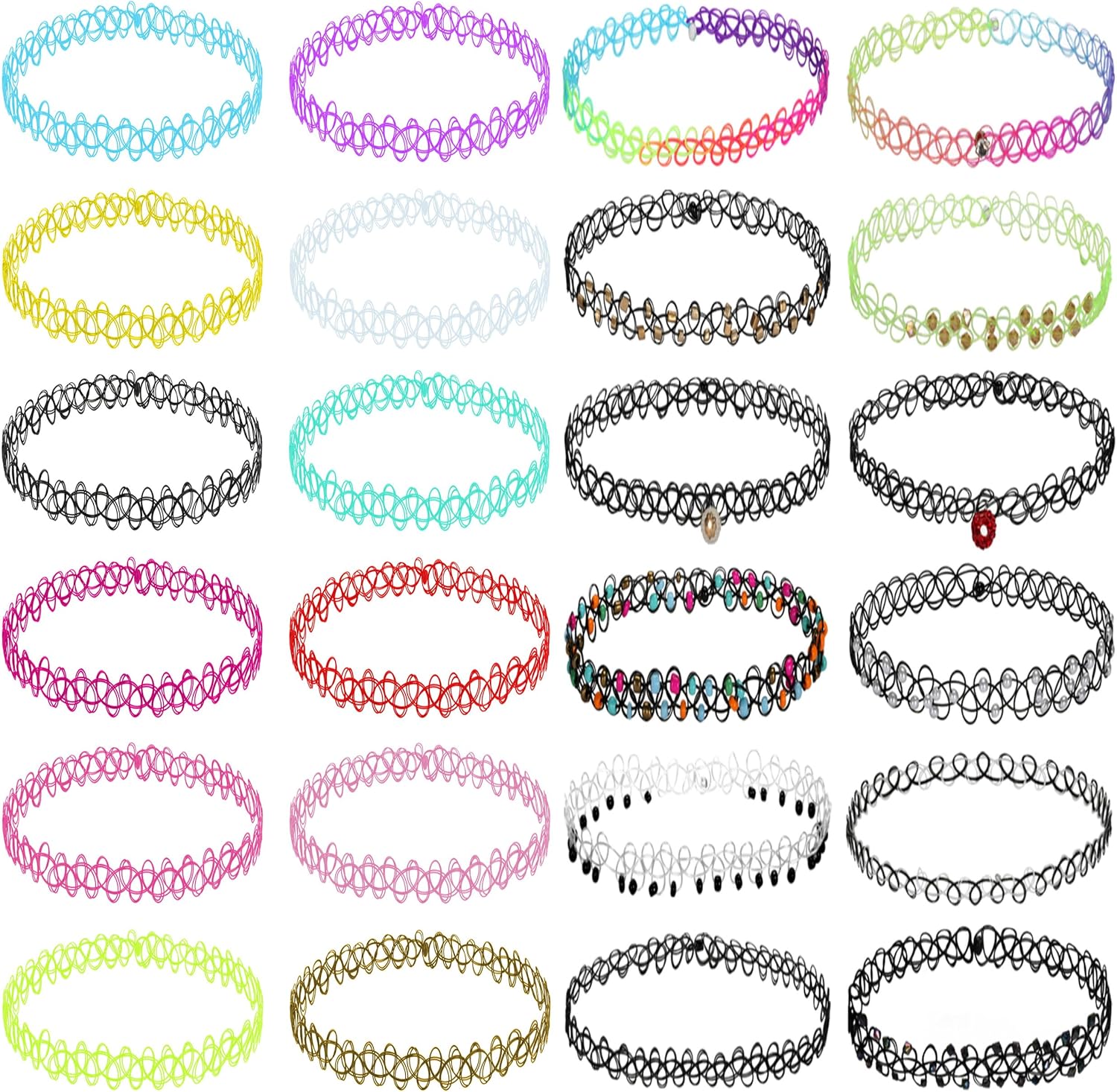 BodyJ4You 24PC Tattoo Choker Necklace - 90s Choker Necklaces Y2K Fashion Trendy Vintage - Daisy Flower Charm Colorful Rainbow Black Goth Pendant - Stretchy Elastic Necklace Summer Gift Set