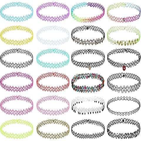 BodyJ4You 24PC Tattoo Choker Necklace - 90s Choker Necklaces Y2K Fashion Trendy Vintage - Daisy Flower Charm Colorful Rainbow Black Goth Pendant - Stretchy Elastic Necklace Summer Gift Set
