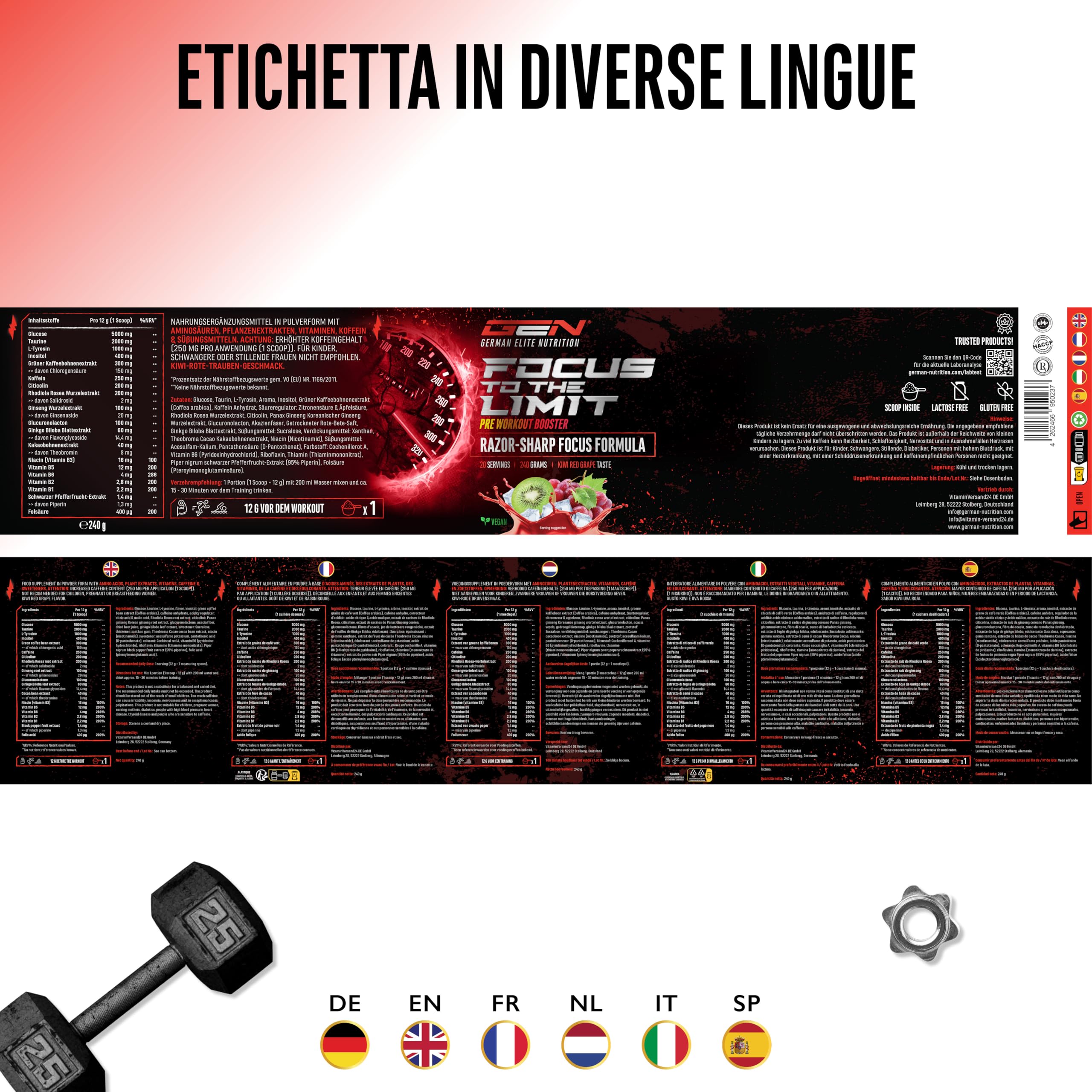 Focus to the Limit - Pre-Allenamento con L-Tirosina + Taurina + Inositolo + Estratto di Ginkgo + Citicolina + Radice di Rosa Rodiola + Caffeina e Vitamine - (240g, Gusto kiwi e uva Rossa)