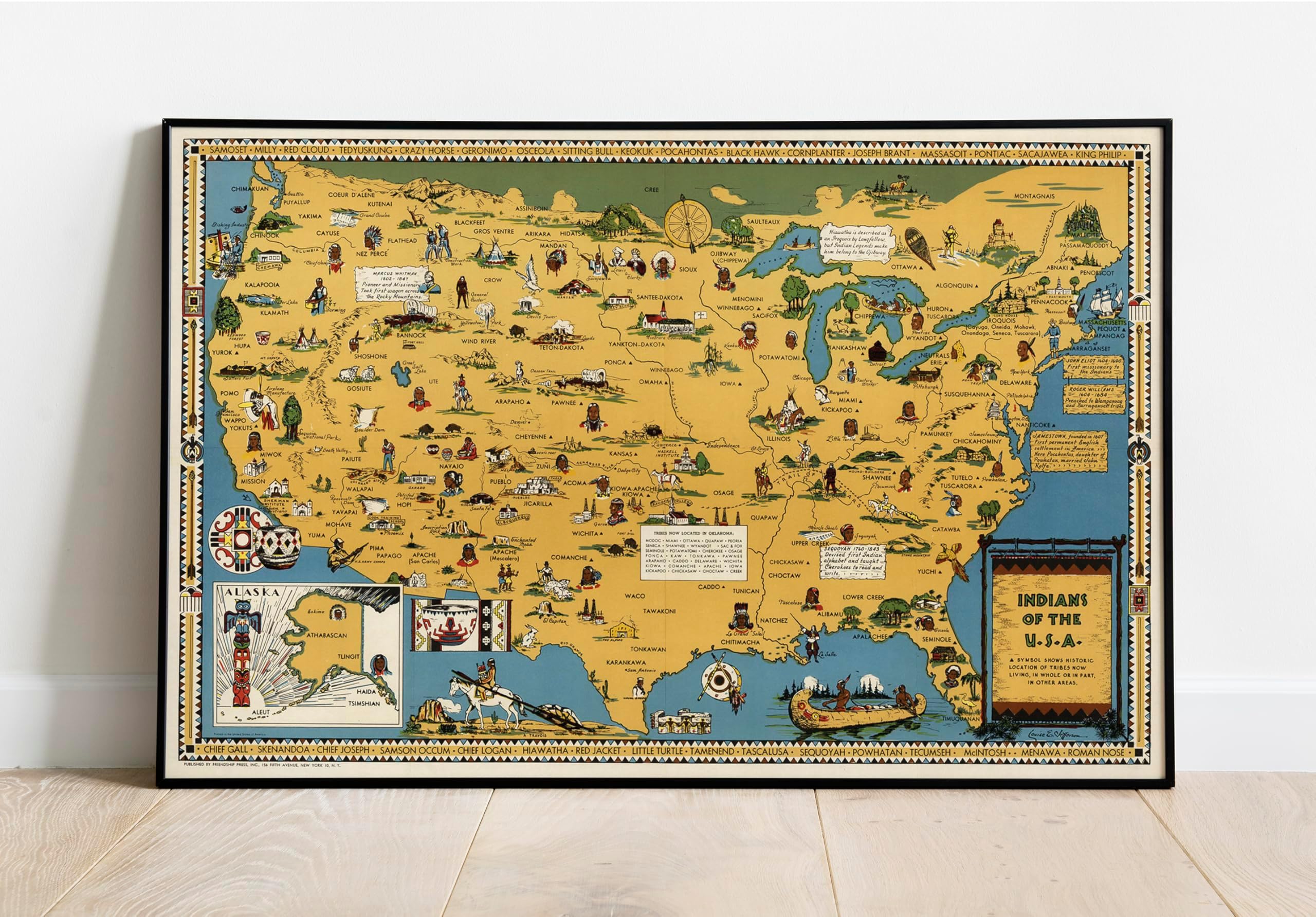 USA Native American Indian Tribes Map - 1944 Unframed Pictorial Map Wall Poster, Wall Art Decor, Vintage Decorations - Indian People in America - Gift for Men, Women, Kids, Teens, Teachers 23"x35"
