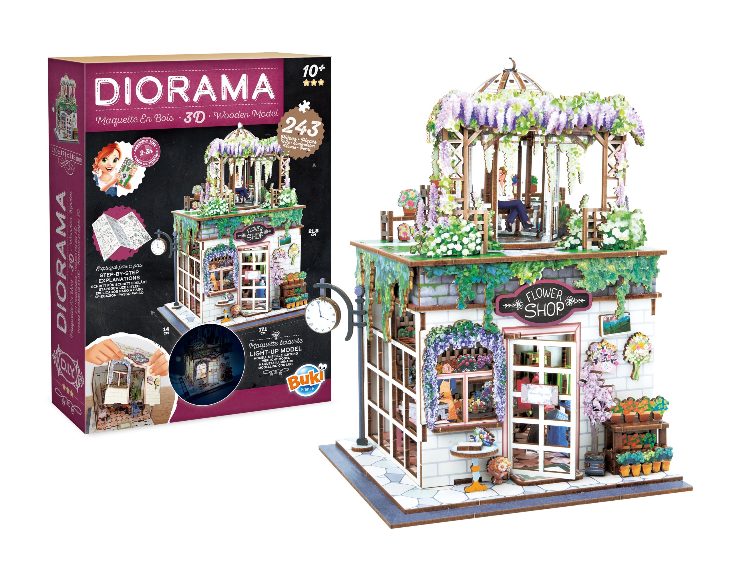 BUKI France Diorama Florist Miniature Wooden Model with LED – Diorama DIY 243 Pieces – Flower Shop Construction Kit – From 10 Years – 14 x 17 x 21.8 cm – 68075