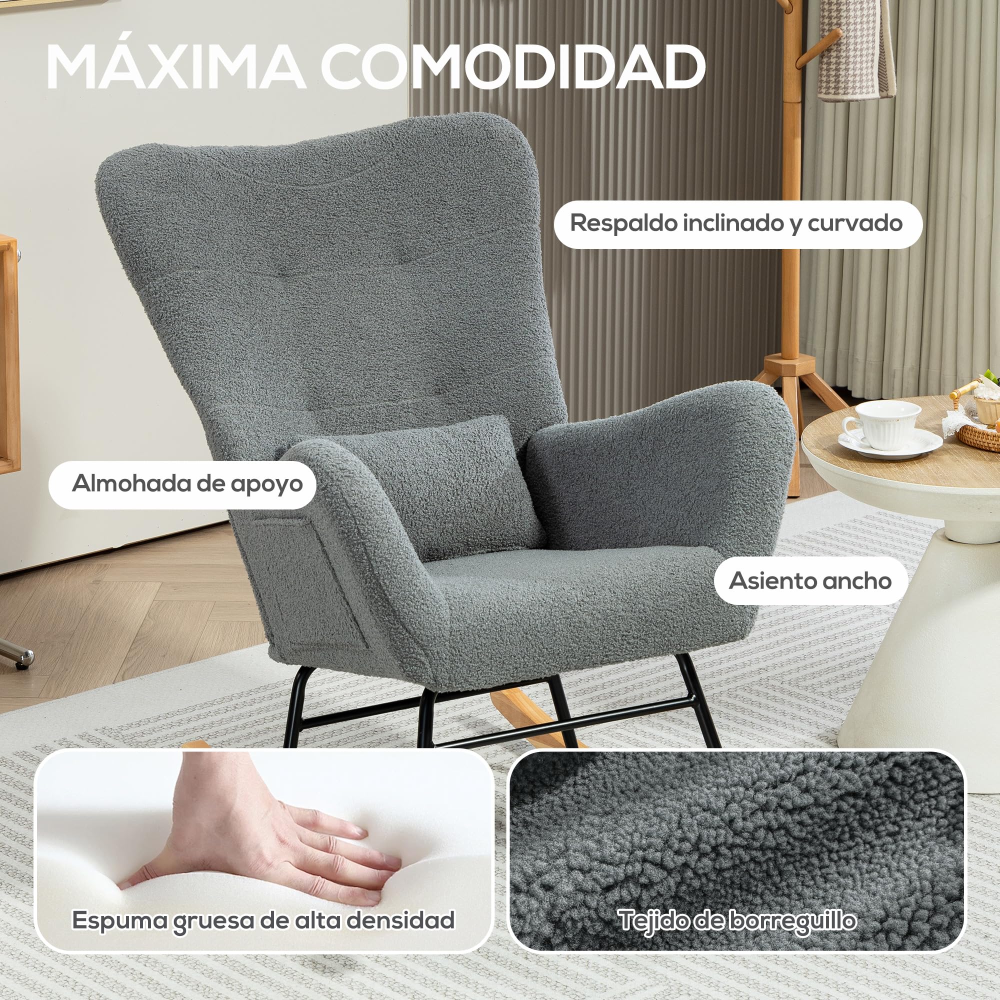 HOMCOM Silla Mecedora Moderna, Mecedora Tapizada en Terciopelo de Teddy, Sillón de Lactancia con Respaldo Acolchado Alto, Almohada, Patas de Madera, Bolsillo Lateral, para Dormitorio, Salón, Gris