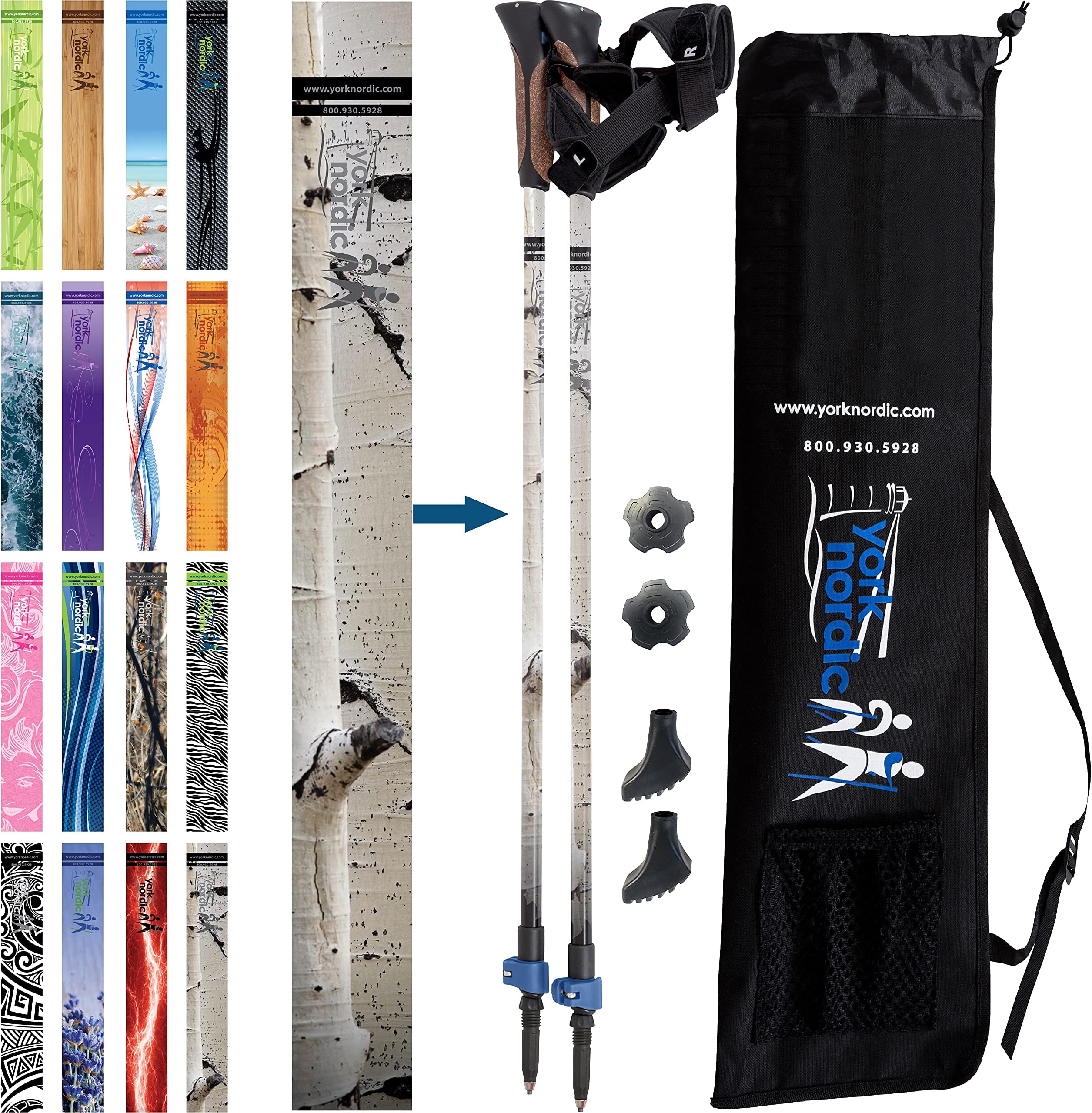 Official Nordic Walking Poles - True Classic Nordic Glove Grips, Lightweight, Adjustable, and Collapsible -2 Pieces w/flip Locks, Detachable Feet and Travel Bag by York Nordic - Heights 5'4"-6'2"
