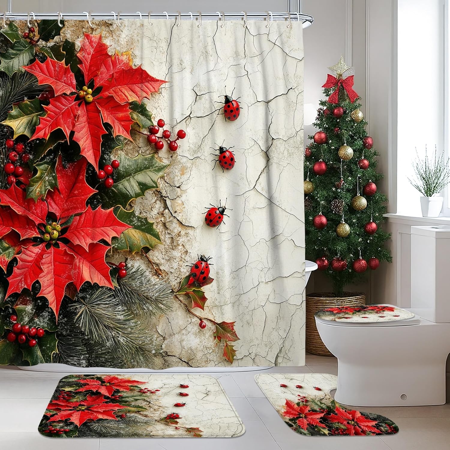 4PCS Winter Christmas Ladybug Bathroom Sets, Bath Accessory with Non-Slip Rug, U Shape Toilet Lid Cover Mat, Farmhouse Poinsettia Xmas Bathroom Decor-72''x72''