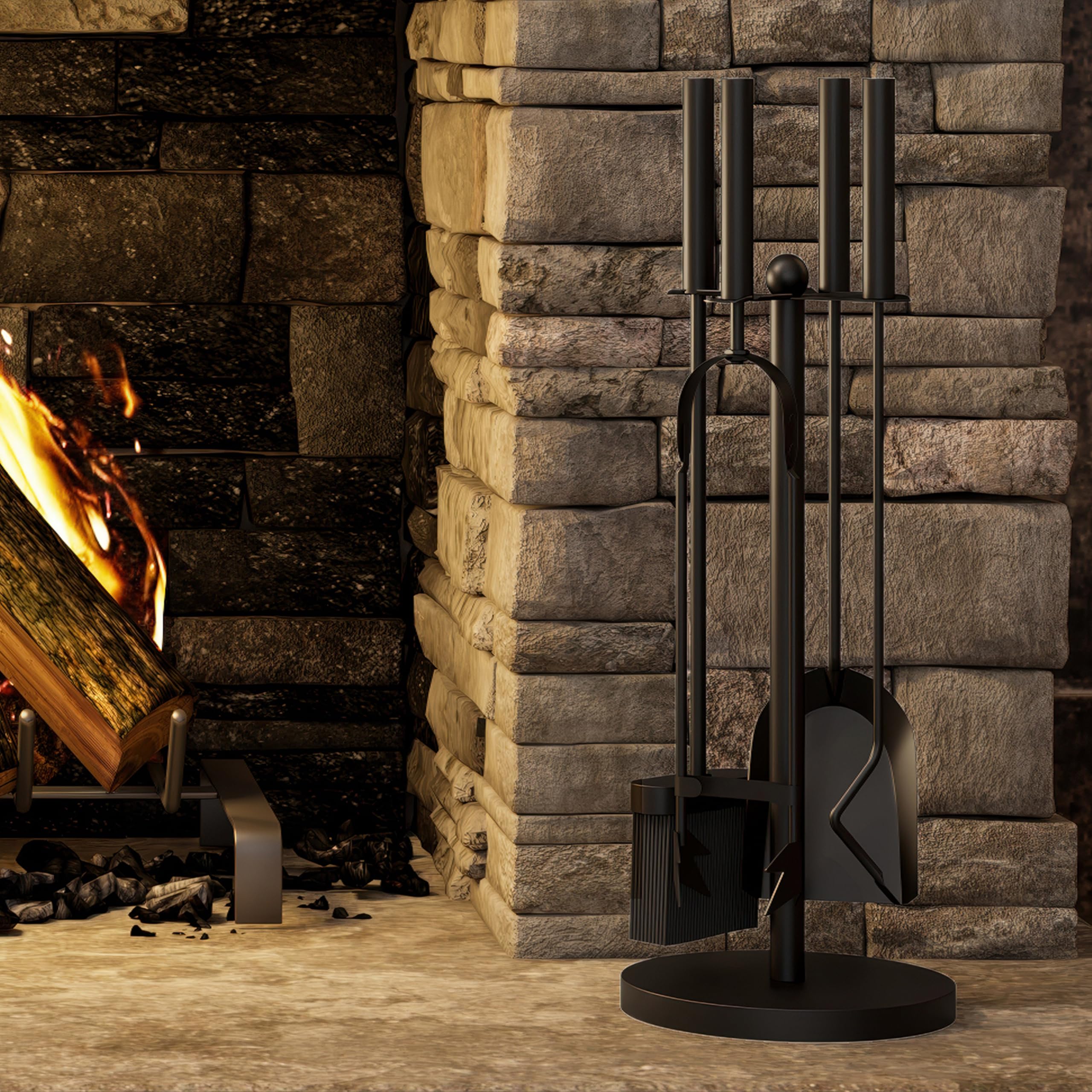 Kingson - Juego de 5 piezas para chimenea negro – Dia18x48cm – Accesorios para quemador de leña – Kit completo de herramientas para el mantenimiento de chimeneas