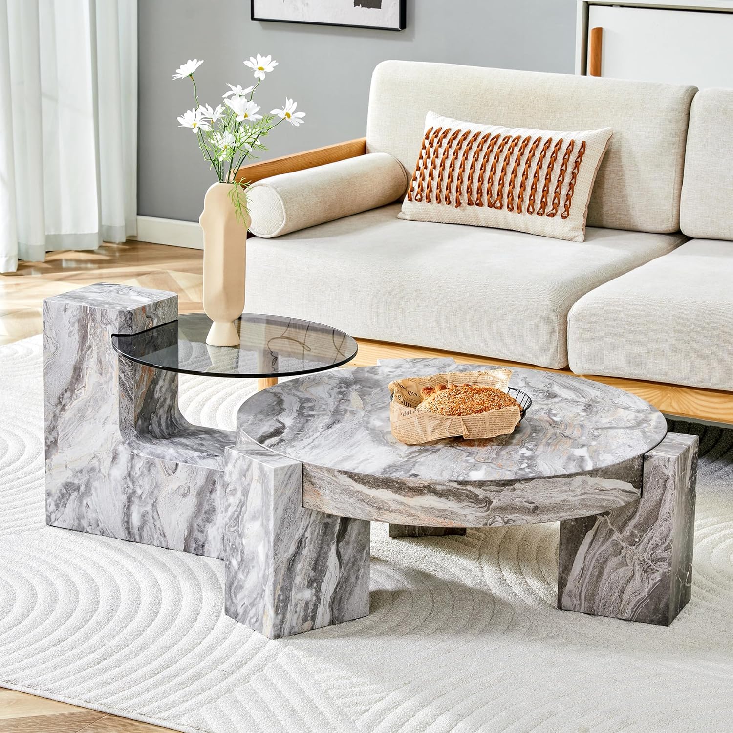 Round Coffee Table Set of 2, Gray Faux Marble Coffee Table with Glasstop End Table, Modern Circular Detachable Nesting Tables for Living Room Balcony Office Apartment