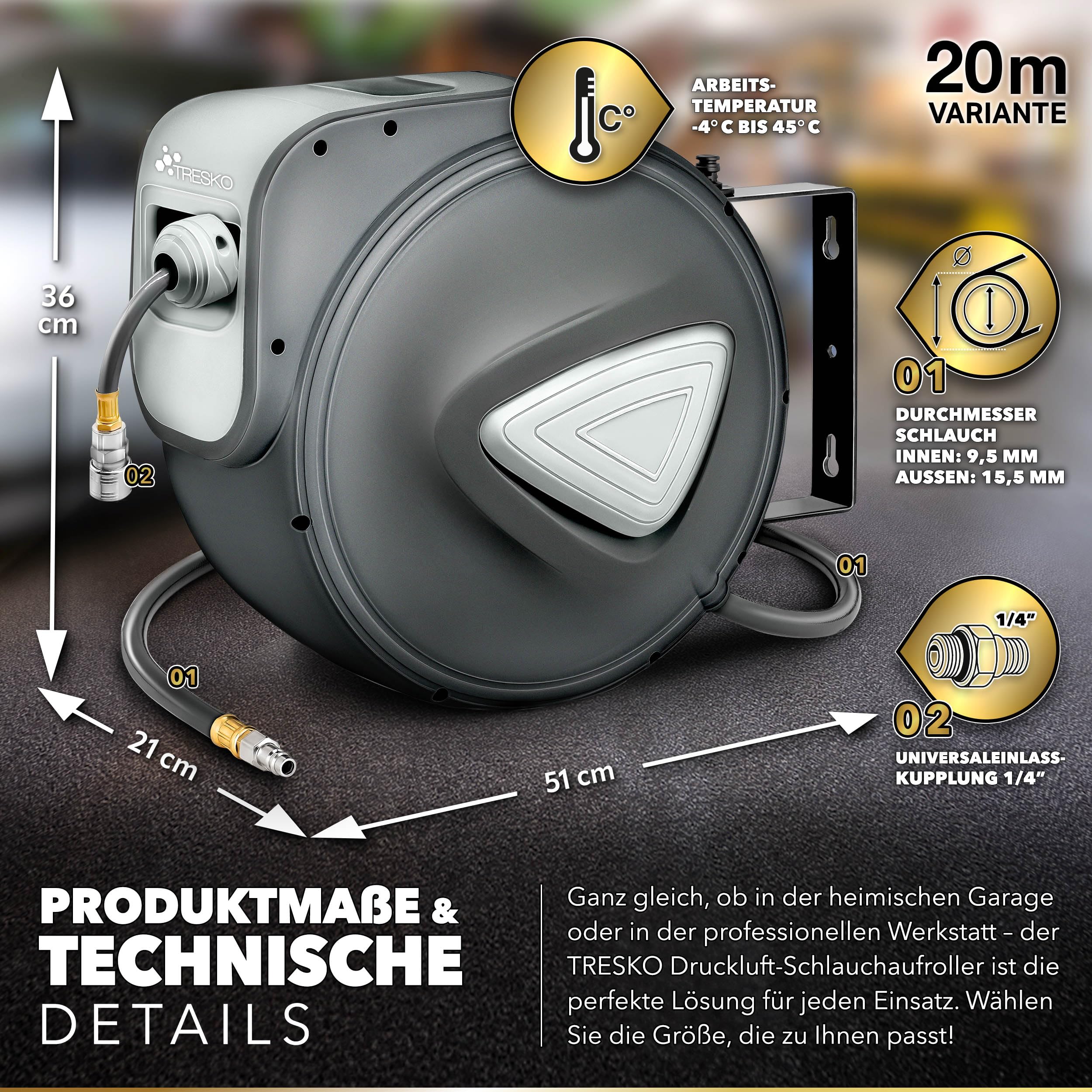 TRESKO® 20m Druckluftschlauch Aufroller automatisch 1/4" Anschluss | Schlauchtrommel Wandschlauchhalter Schlauchaufroller Druckluftschlauch-trommel, Grau