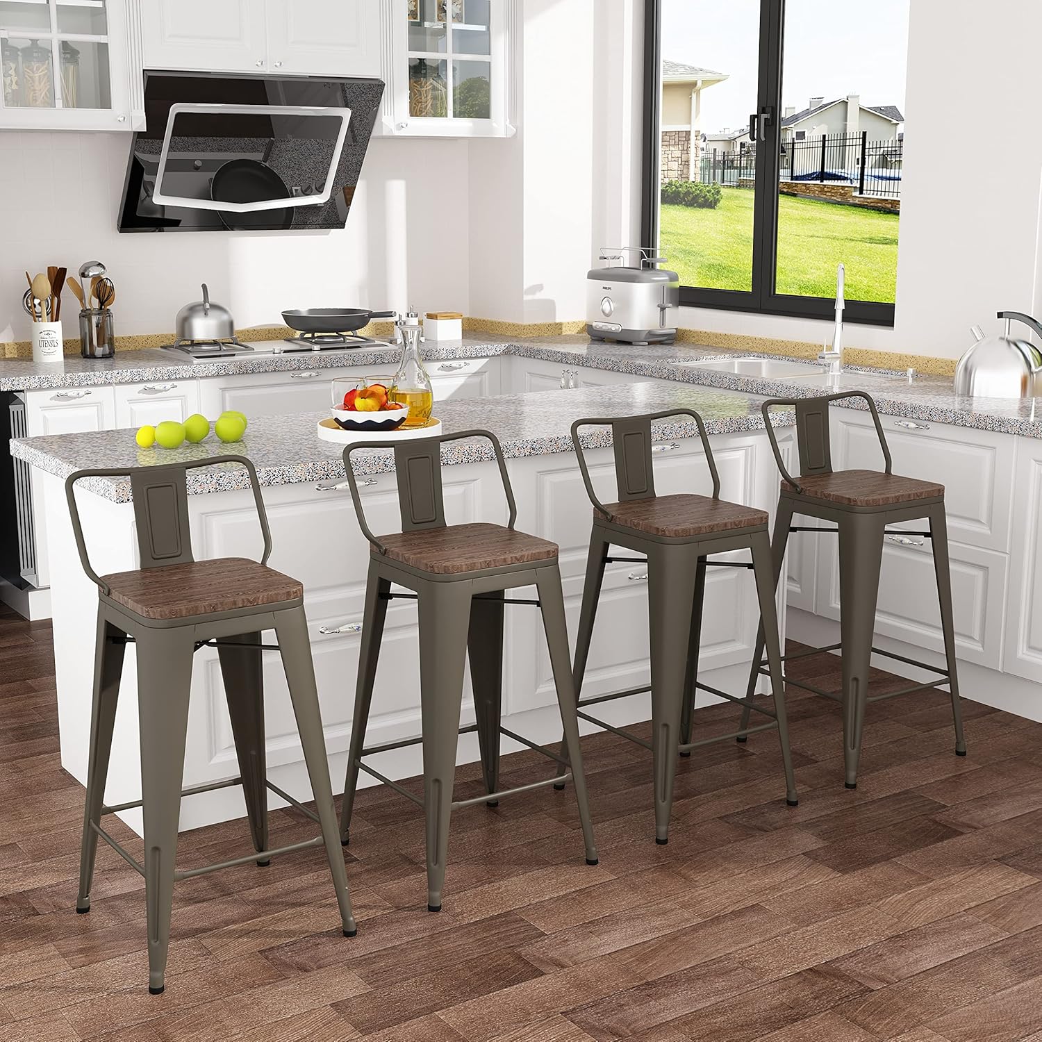 Tongli Metal Bar Stools Counter Height Stools Set of 4 Counter Height Barstools with Backs Patio Dining Chair Wooden Seat 24 inches (Rusty, Low Back)